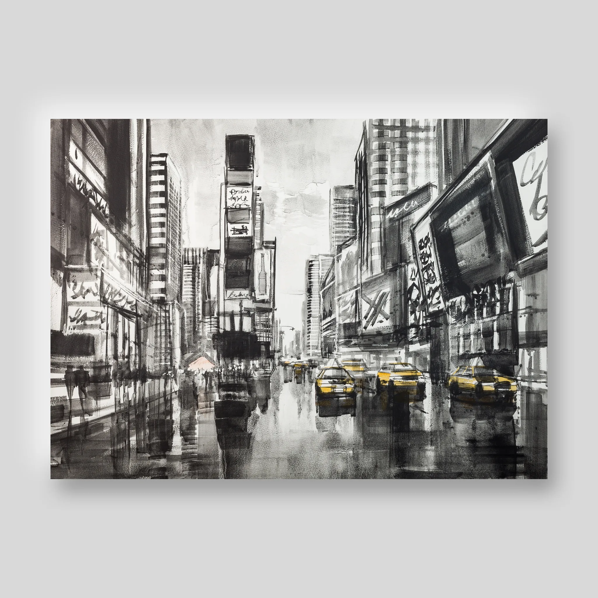 New York Black & White, a print by Paul Kenton: a monochrome city street with loose brushwork, where only yellow taxis carry colour.