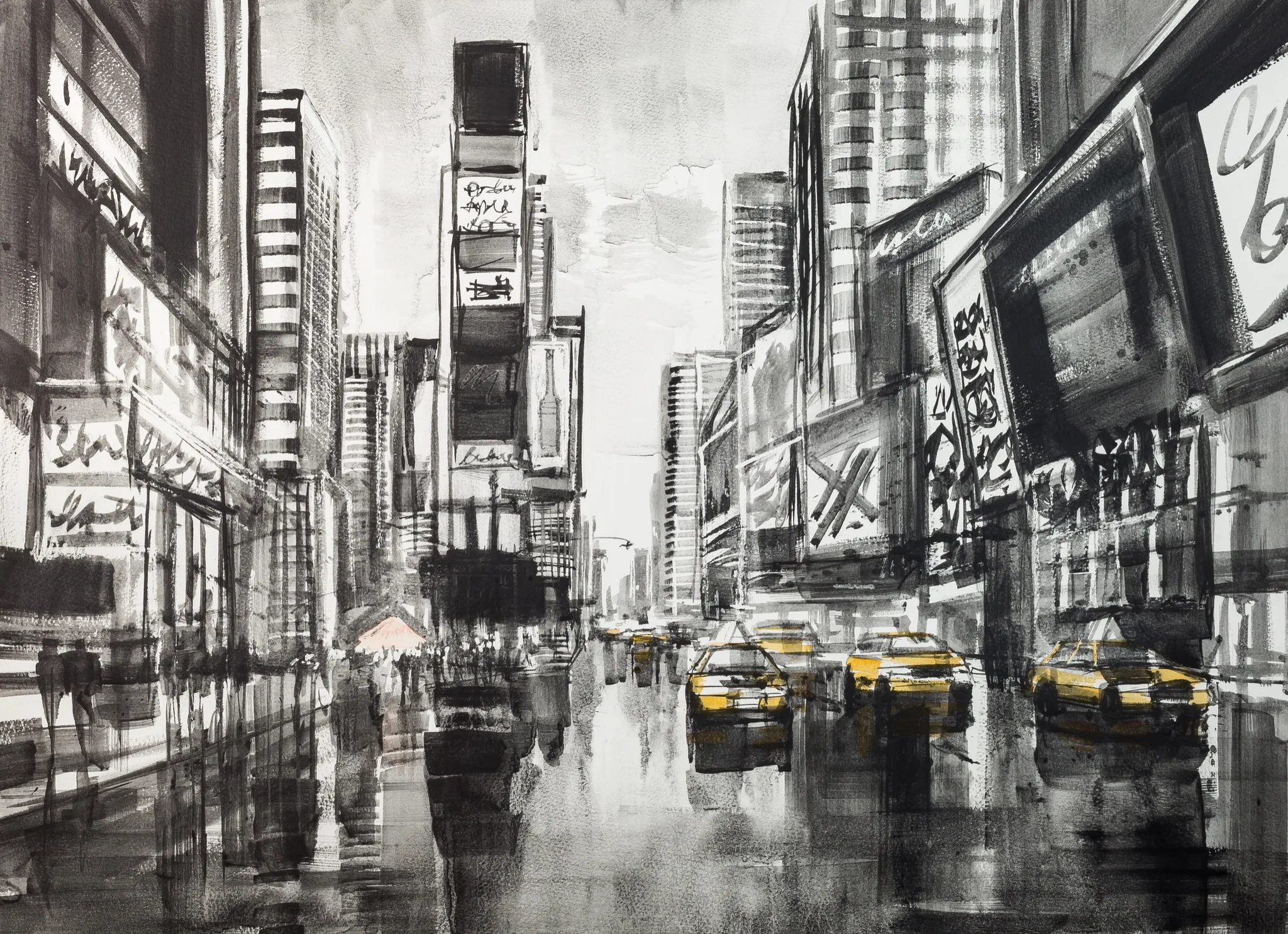 Close-up of New York Black & White, a print collection set: loose grey brushstrokes on a city street, with yellow taxis among blurred shopfronts.
