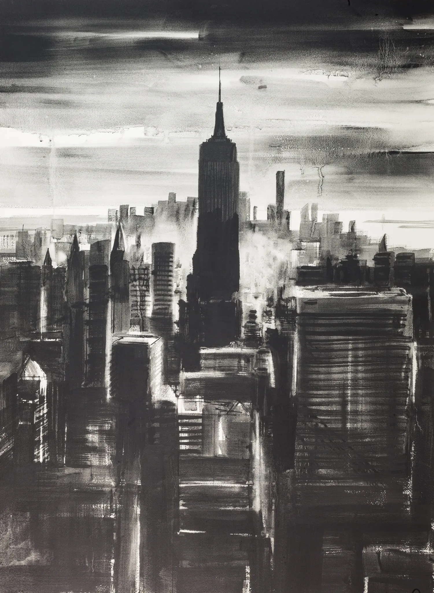 Close-up of New York Black & White, a black and white print by Paul Kenton showing the Empire State Building rising above dark, textured skyscrapers under a brooding grey sky.