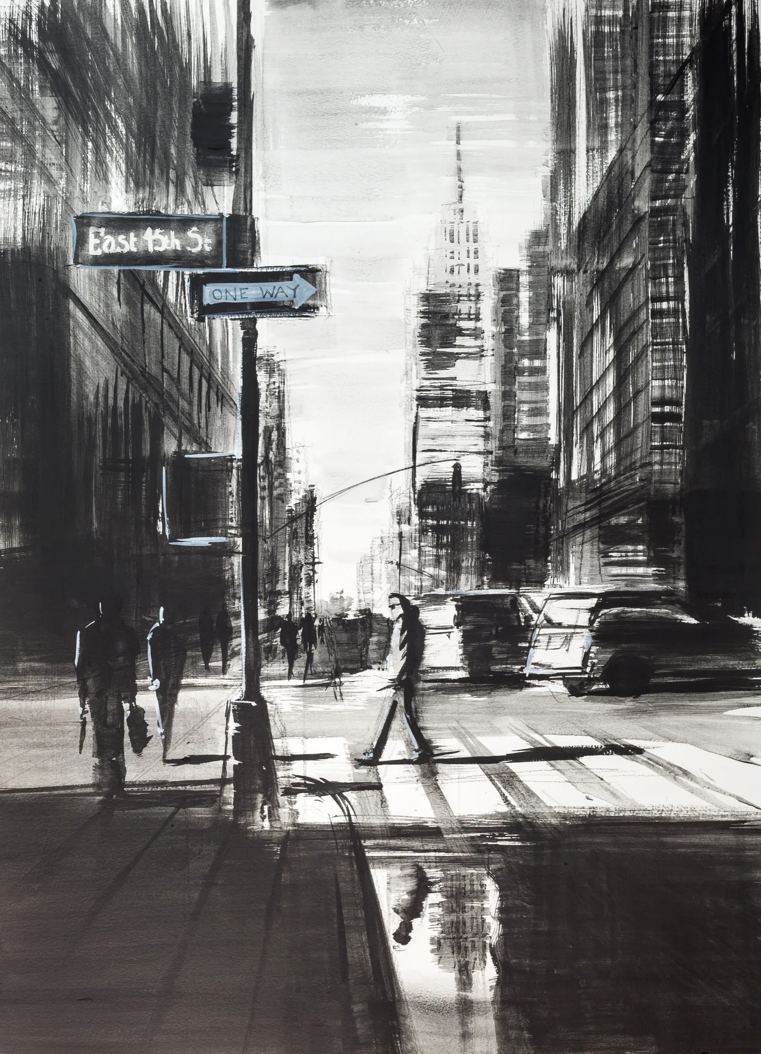 Close-up of a black and white painting of an East 15th Street corner in New York, with a one-way sign, a crosswalk and a distant tower in loose, sooty brushstrokes.