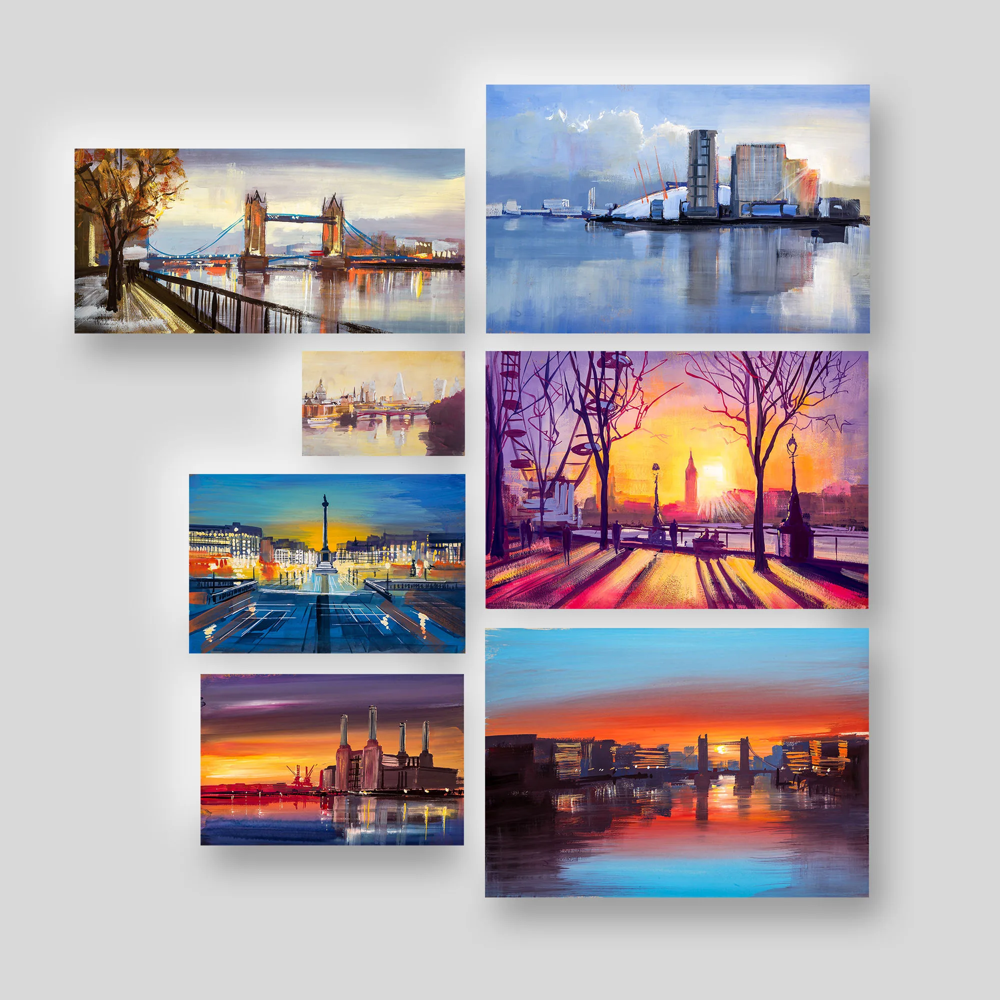 London Gouache, a print collection set by Paul Kenton: seven textured gouache views of London landmarks, including Tower Bridge, Battersea Power Station and Big Ben, under dusk and sunset skies.