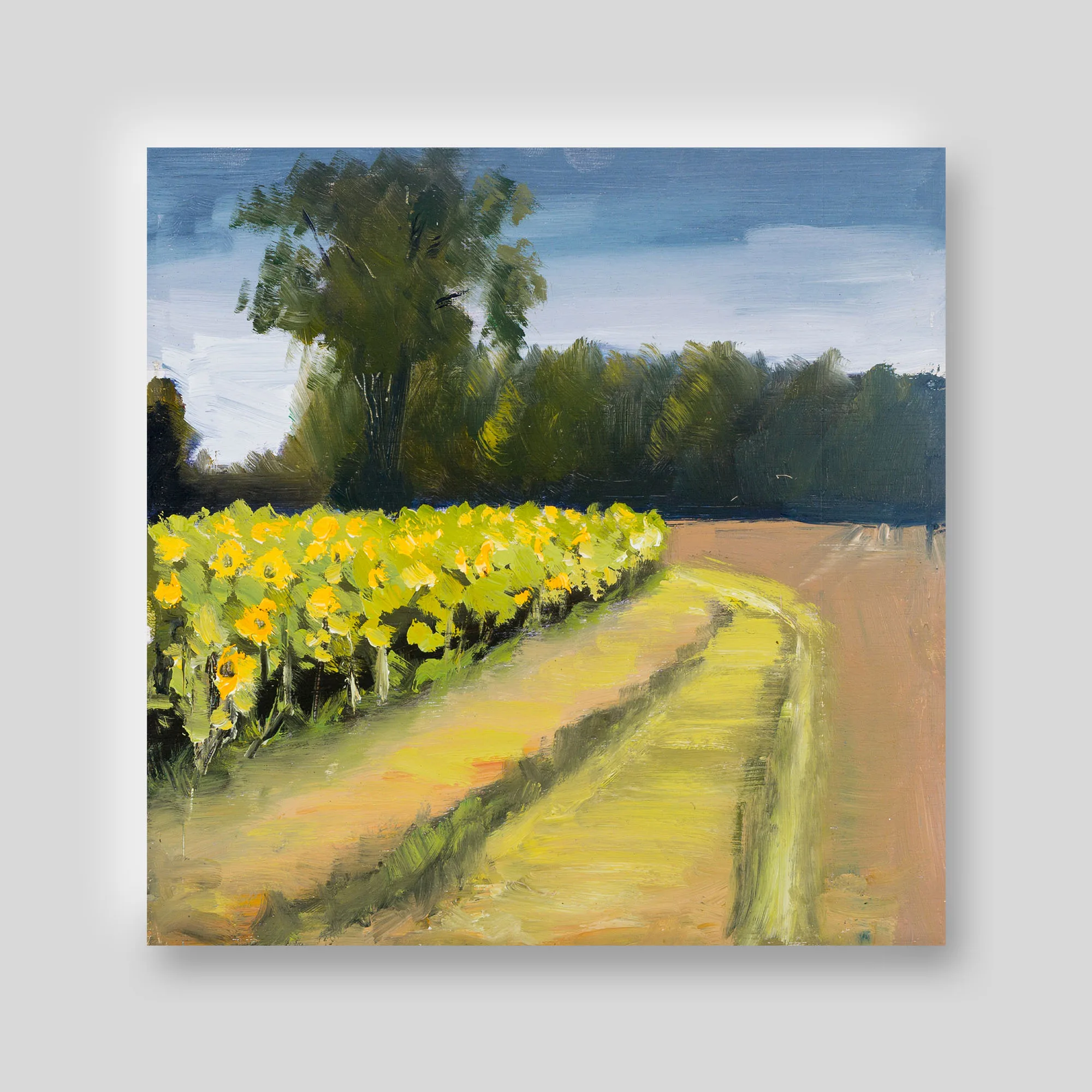 Sunflowers in a row beside a curving dirt track under a tall tree and dark green hedgerow, with a blue sky; loose, textured brushwork in yellow, green and ochre.