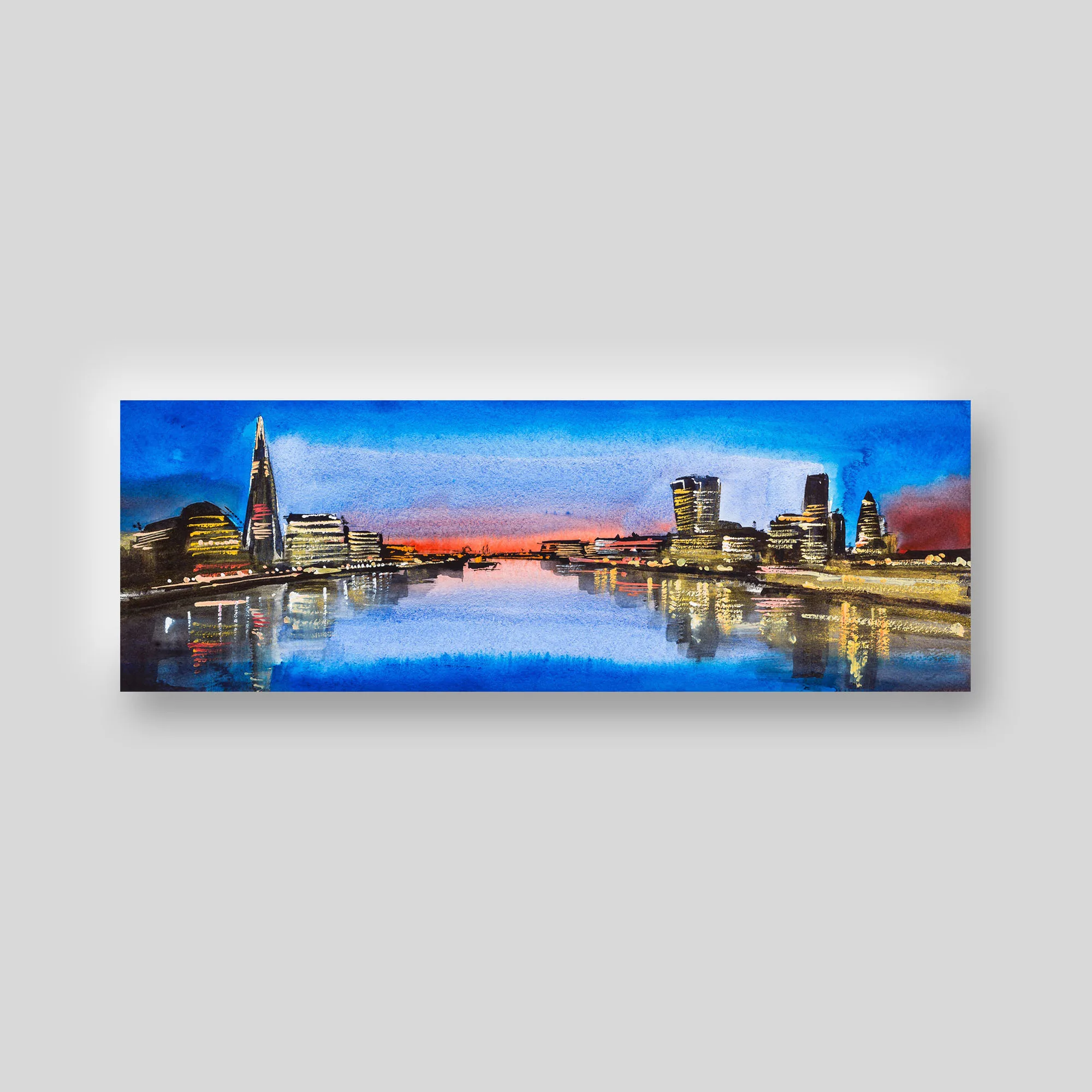 London Panoramas print collection set, a giclée reproduction of a dusk Thames view with lit towers, a glowing orange horizon and blue water reflections.