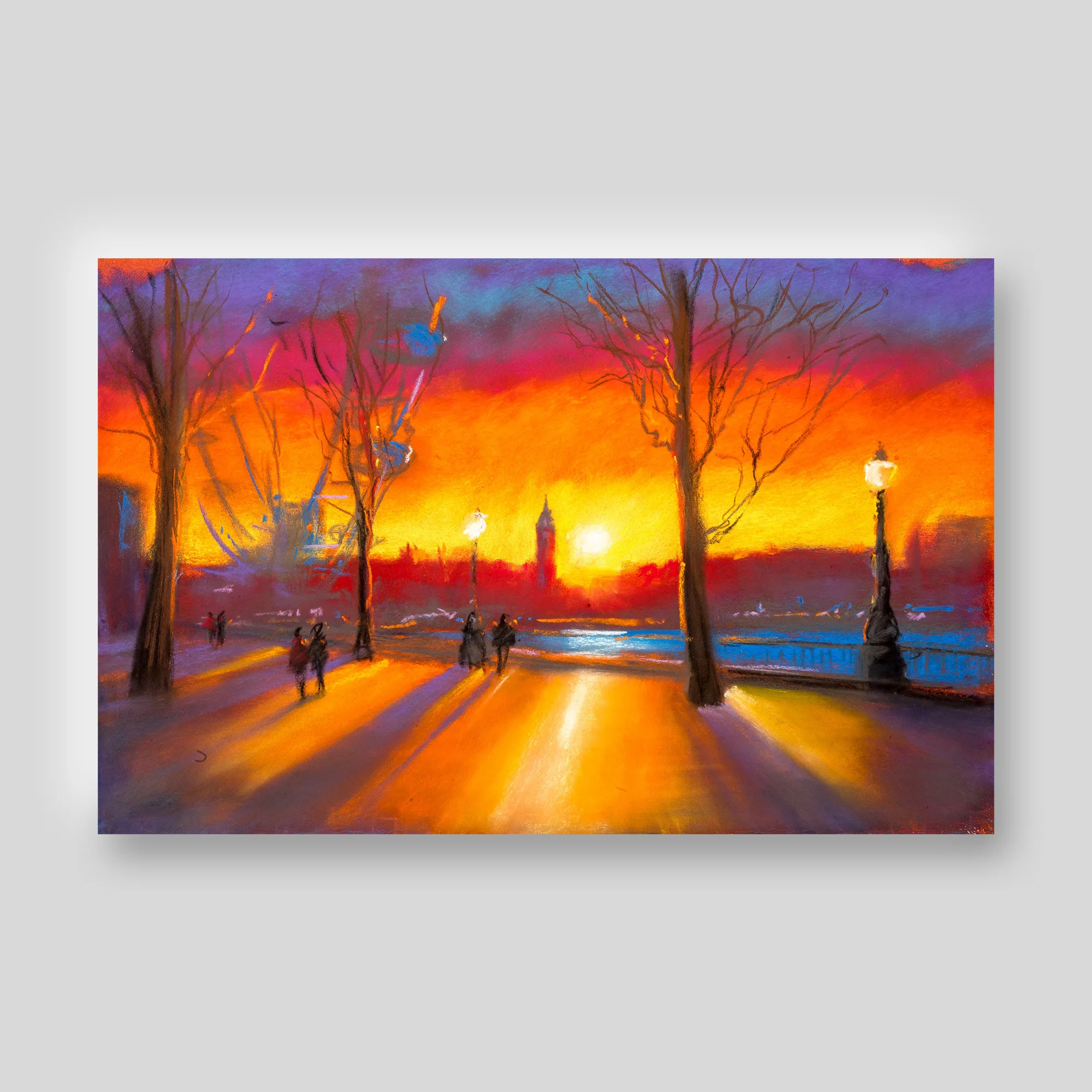London Sunsets in Pastels, a print: orange sunset behind silhouetted Big Ben, bare trees and long shadows on a riverside path.