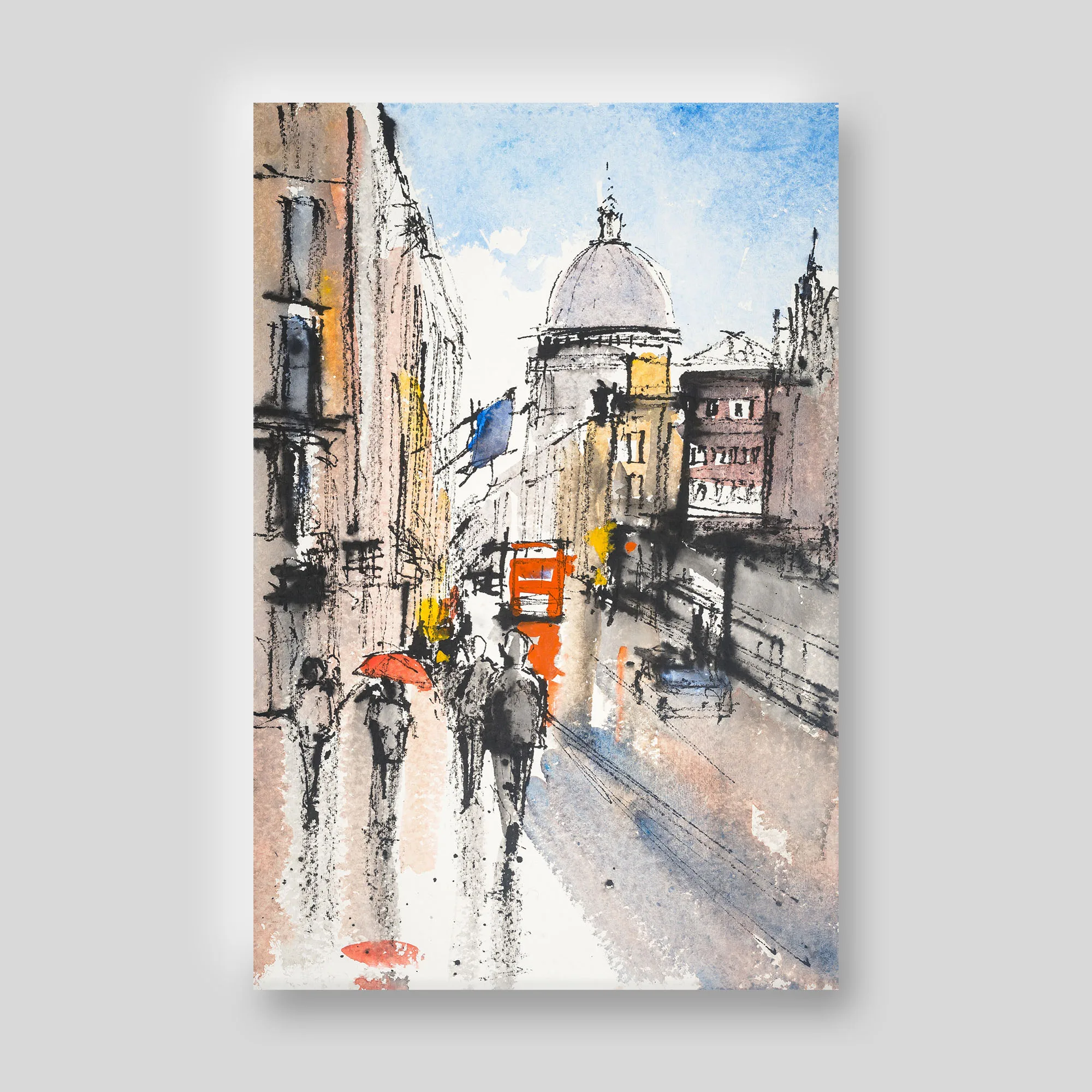 Loose watercolour and ink street scene of a London-style city lane, with a domed building at the end, pedestrians under a red umbrella and warm orange and blue accents.
