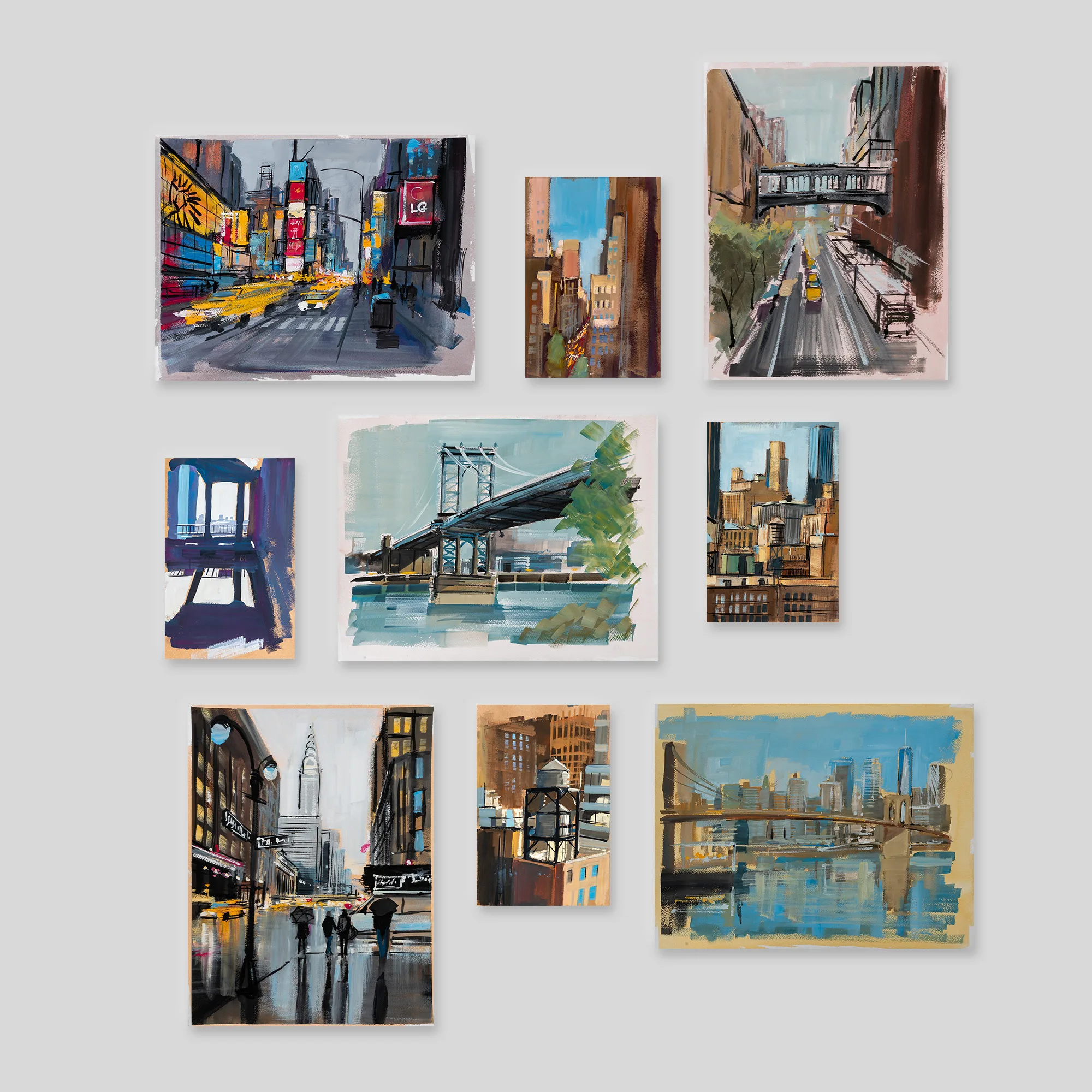 Manhattan En Plein Air Studies, a print collection set by Paul Kenton: ten loose, textured New York scenes, from a Times Square street of yellow taxis to the Manhattan Bridge over blue water.