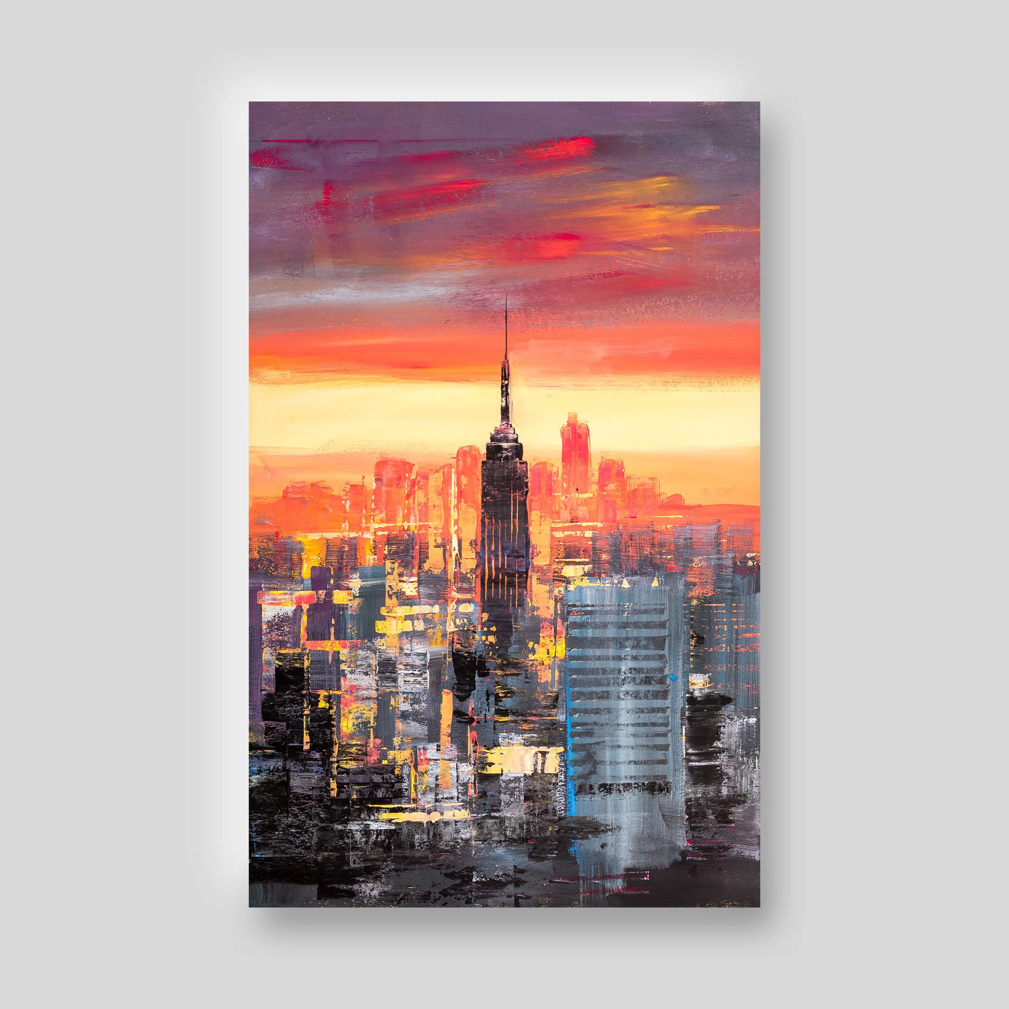 New York Landmarks print: a close view of the Empire State Building against a textured skyline of amber, red and grey brushwork at sunset.