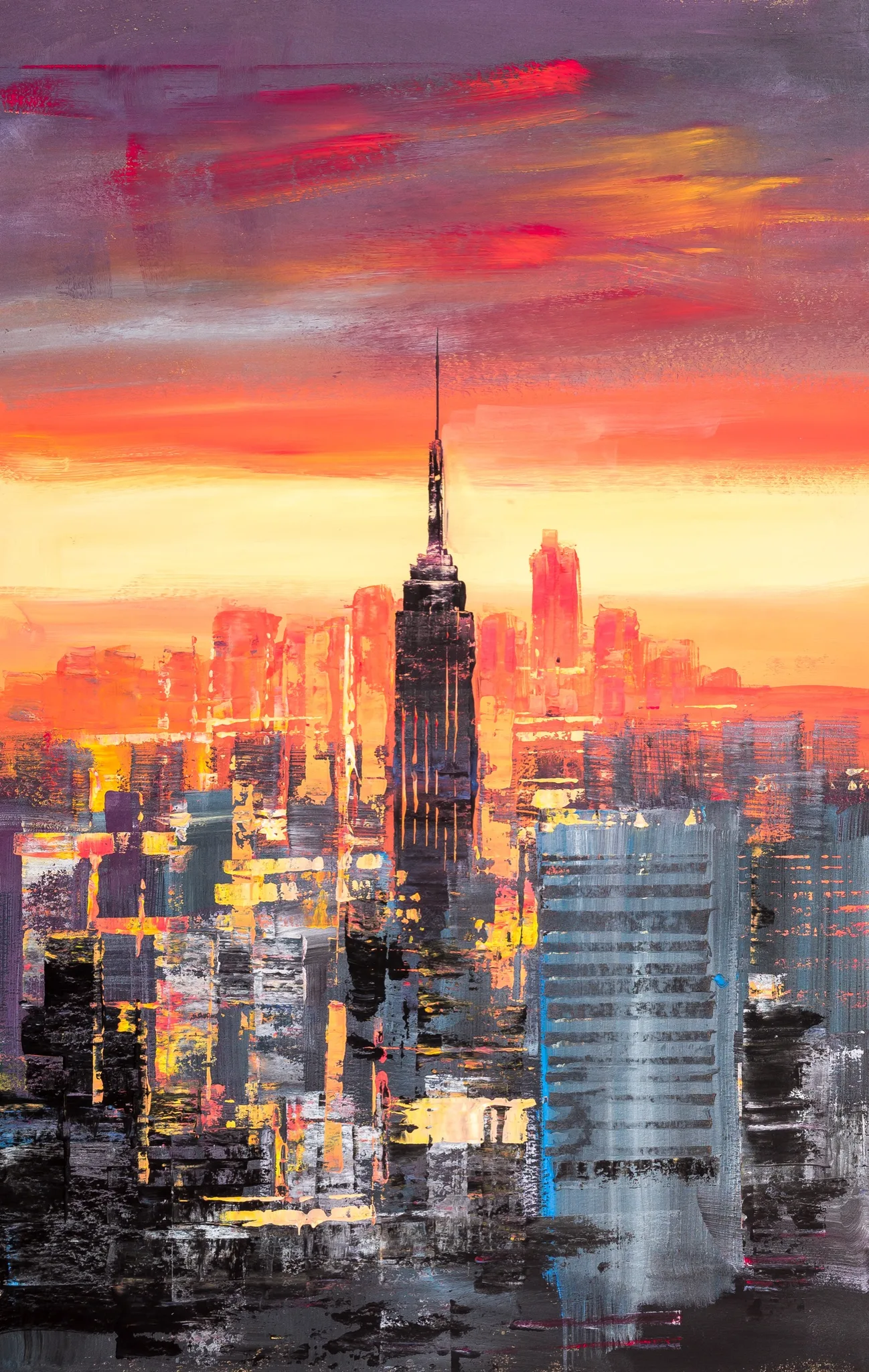 Close-up of thick, scraped paint on a New York skyline, with a dark spired tower against red and orange sunset brushstrokes.