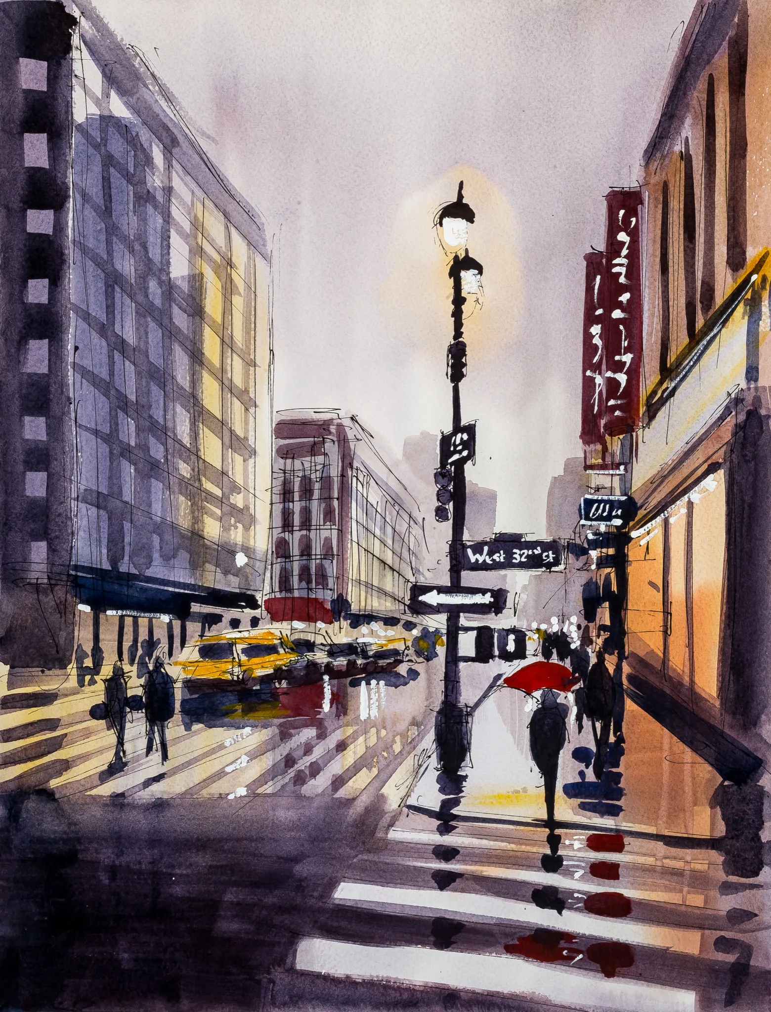 Detail of a rainy New York street in watercolour and ink: a glowing lamp post, a red umbrella and a yellow taxi on West 32nd Street.