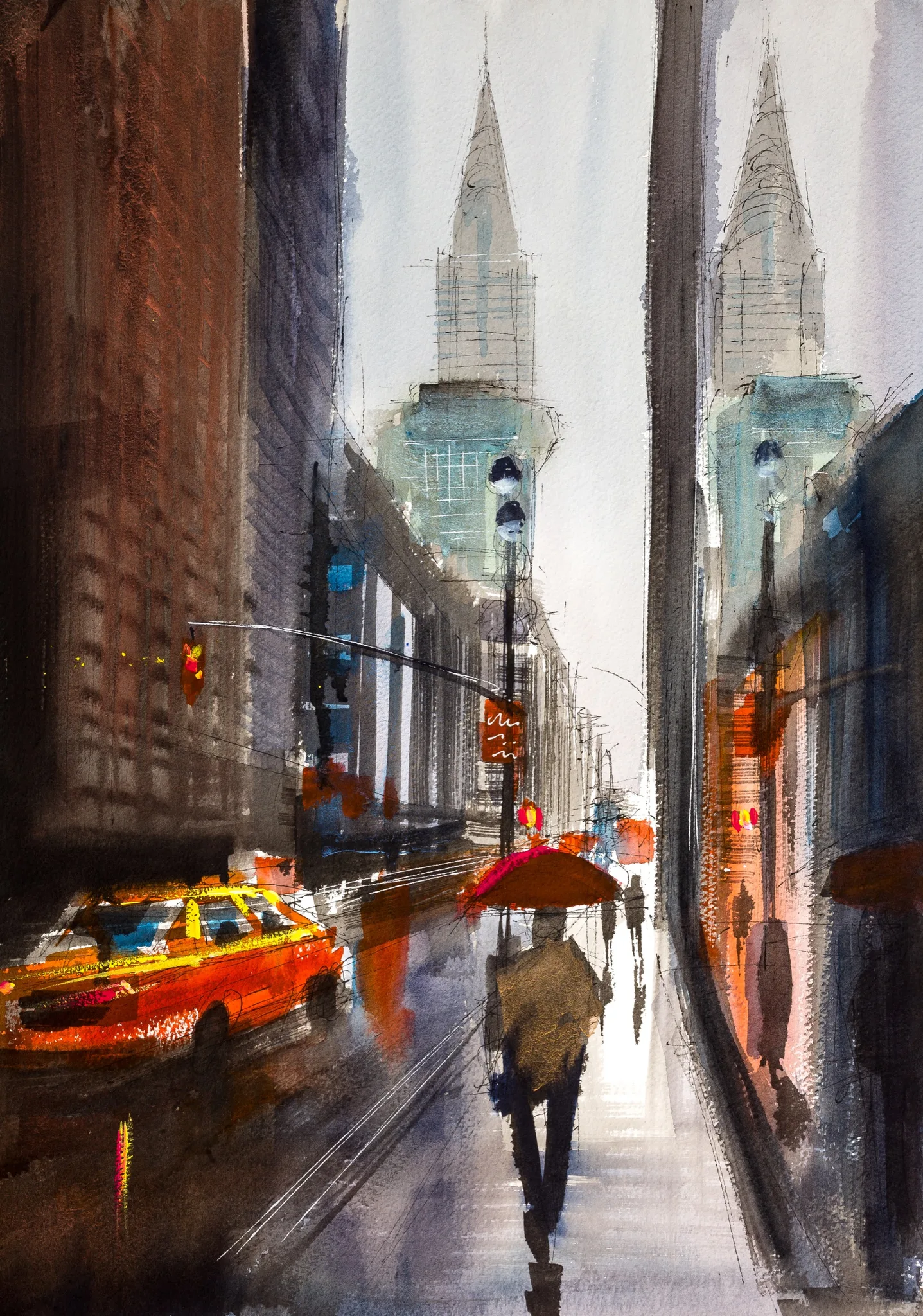 Rainy New York street painting with a red taxi at left, a figure under a red umbrella walking a narrow pavement, and twin spired towers in grey mist.