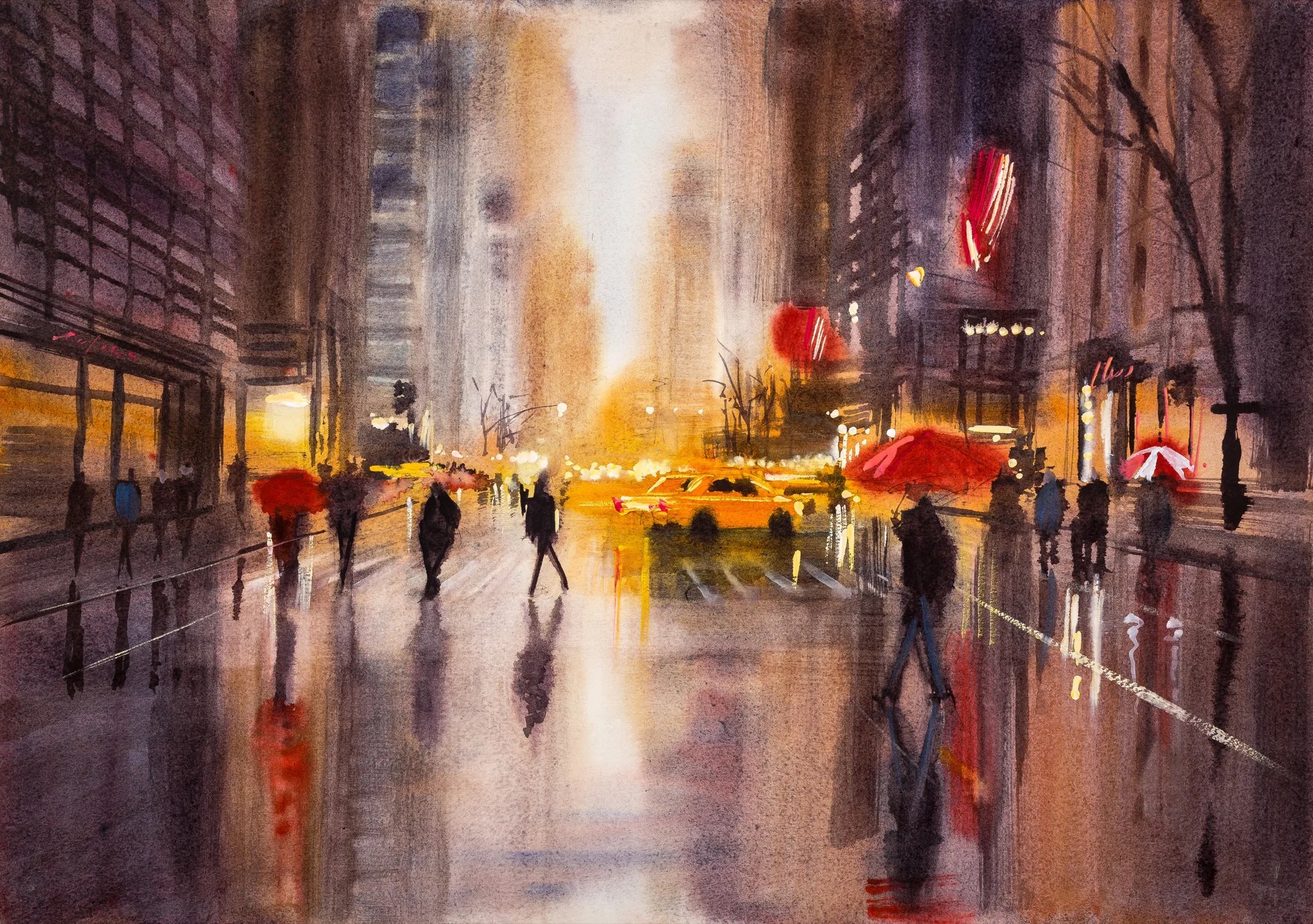 Detail of a rainy New York street at dusk in loose watercolour, with blurred umbrella-carrying pedestrians, a yellow taxi and reflections on wet pavement in warm amber and red.