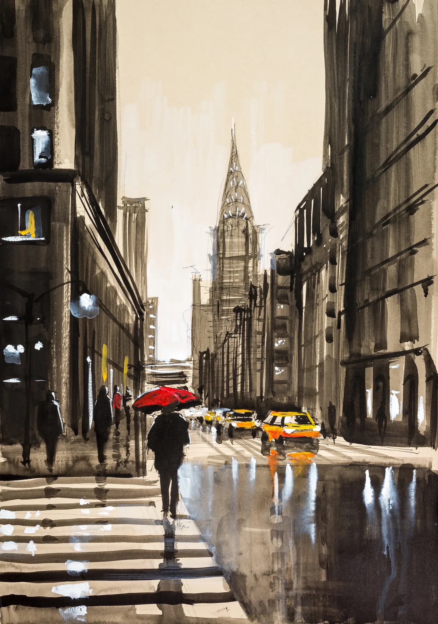 Close-up of New York Rainy Days, a print by Paul Kenton: a wet street with a figure under a red umbrella, yellow taxis and a spire in loose, textured sepia and black brushwork.