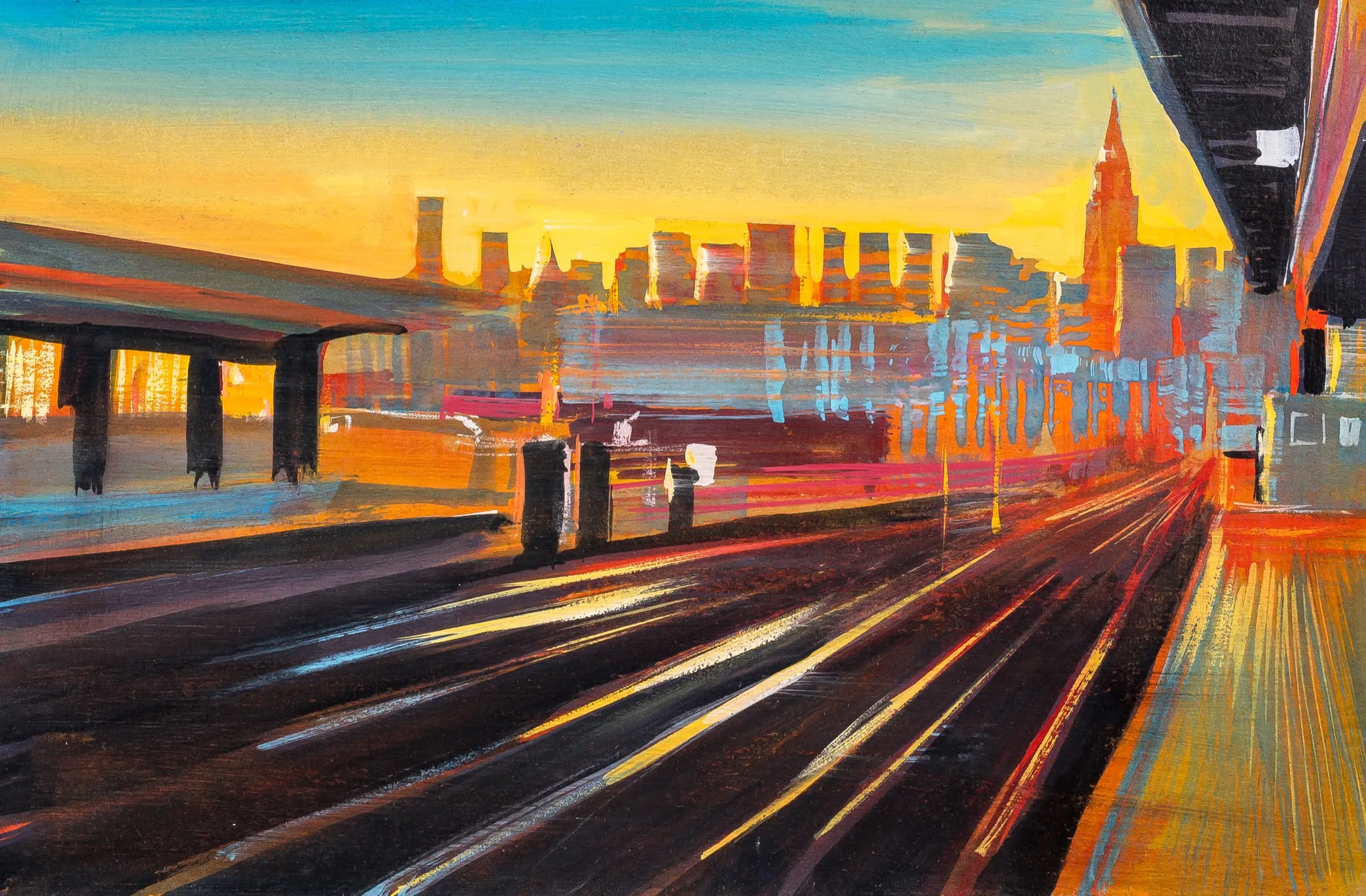 Close-up of a New York sunset painting: a dark road streaked with warm light trails leads toward a hazy skyline, with orange, yellow and teal sky above.