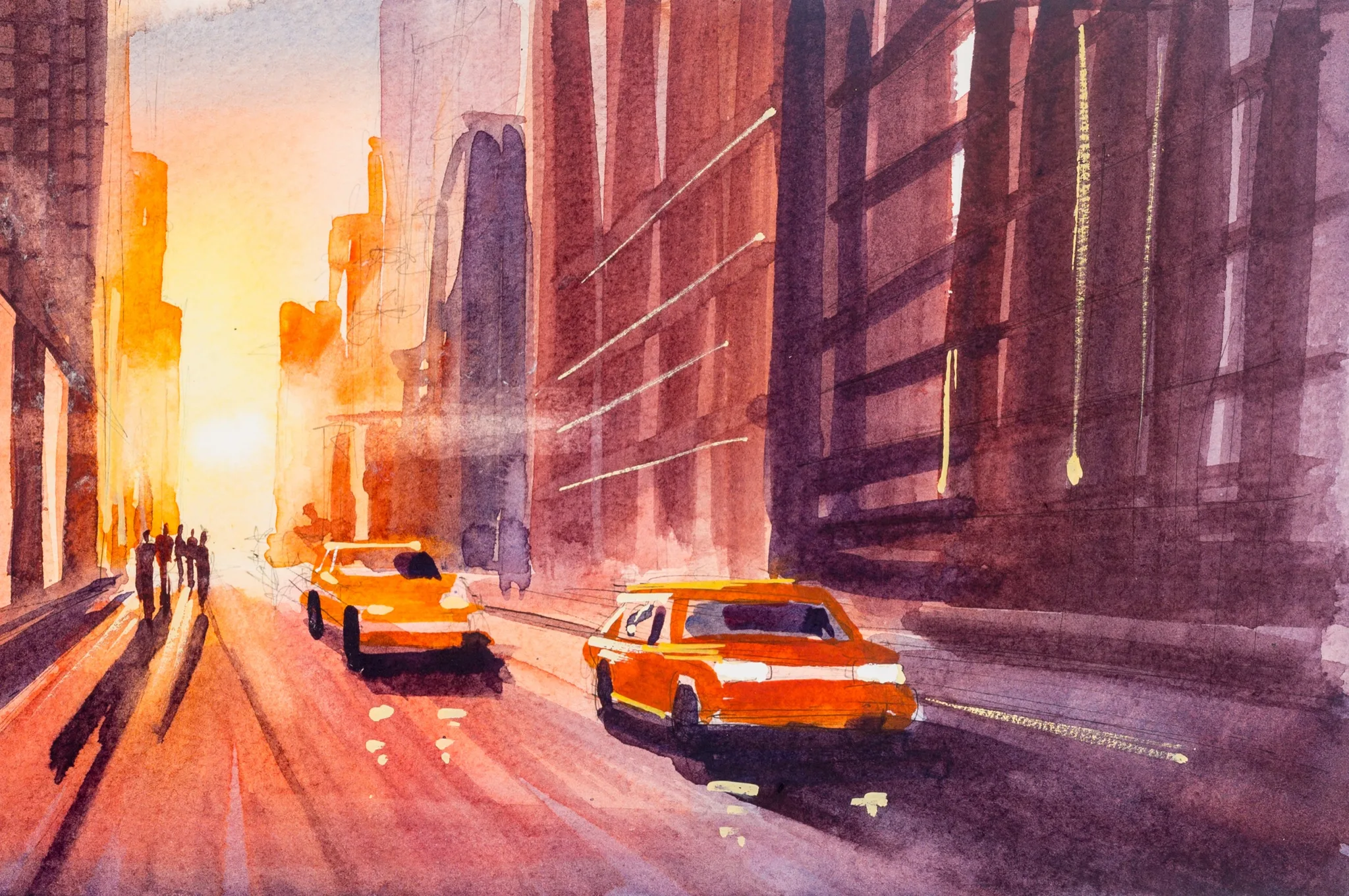Close-up of a watercolour-style city street at sunset, with yellow taxis, tall buildings and a glowing low sun, from the New York Sunsets print collection by Paul Kenton.