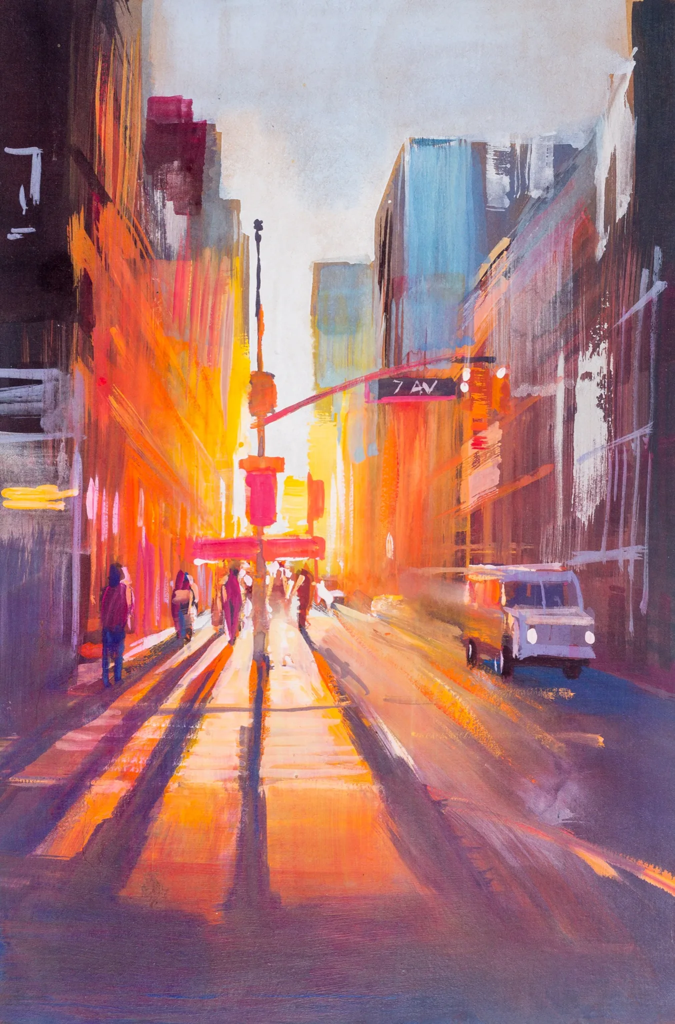 Close-up of New York Sunsets, a print from Paul Kenton's collection: a loose, textured street scene with warm orange and pink light flooding a city avenue at dusk.