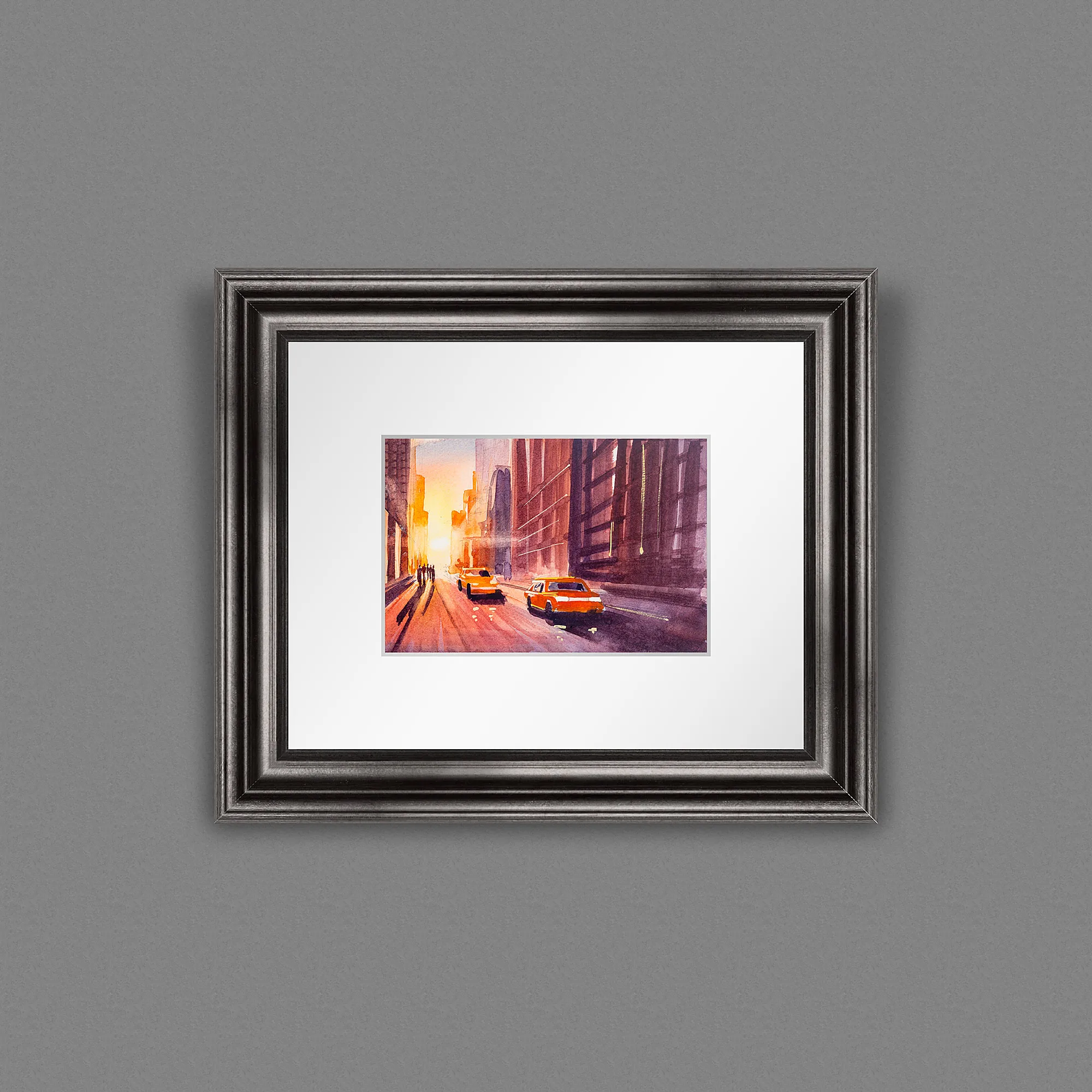 New York Sunsets, a giclée print by Paul Kenton, shows a sunlit city street with yellow taxis and glowing orange light.