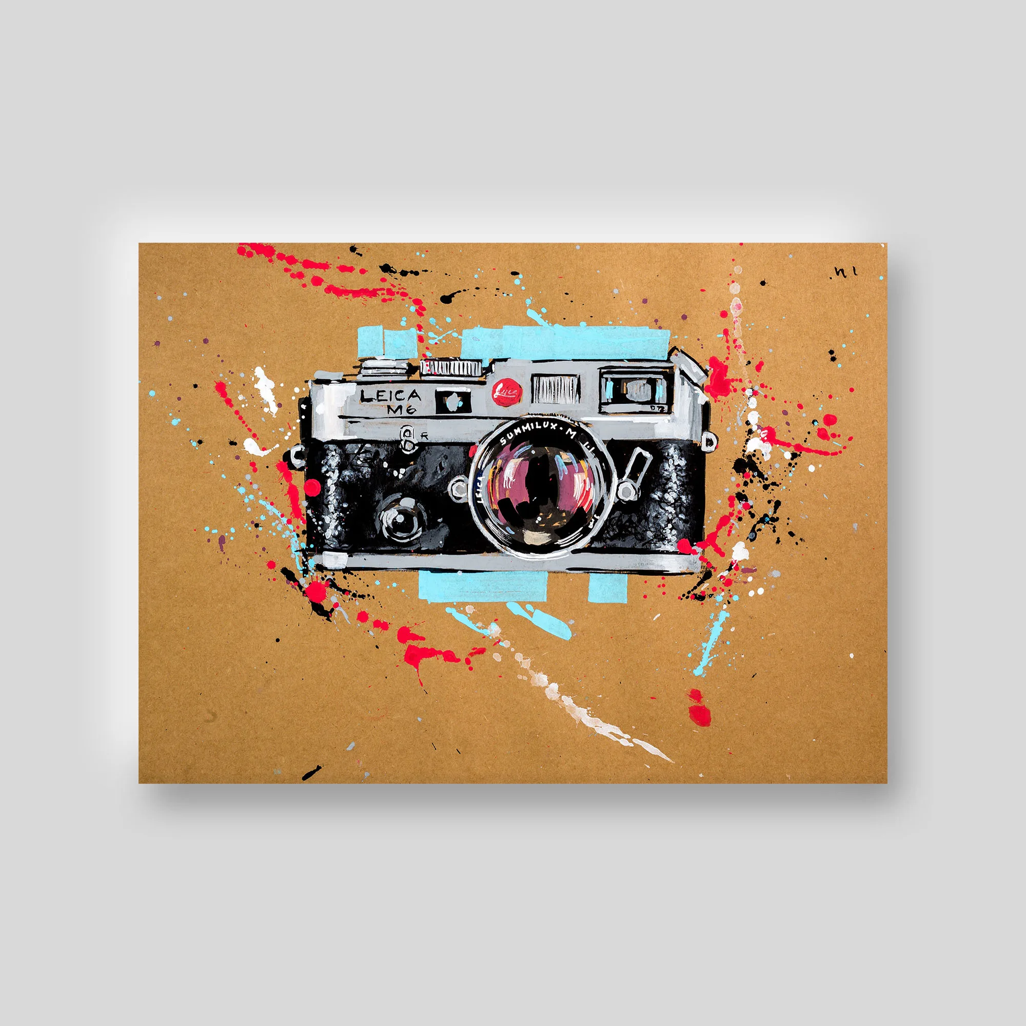 Retro, a print from Paul Kenton's collection set: a painted Leica M6 camera in silver and black on kraft-brown ground, splashed with red, turquoise and black paint.
