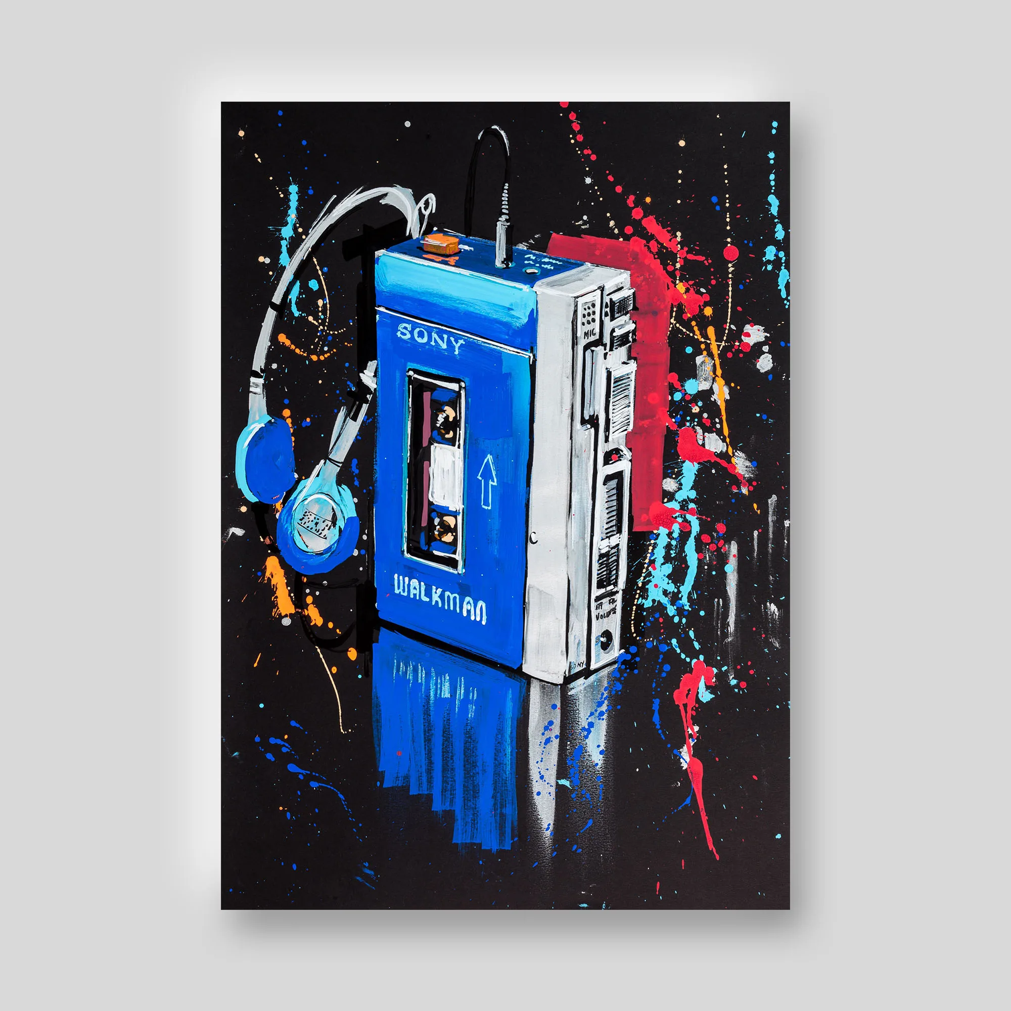 Retro, a print from Paul Kenton's collection: a blue and white Sony Walkman with headphones on a black background, splashed with bright blue, red and orange paint drips.