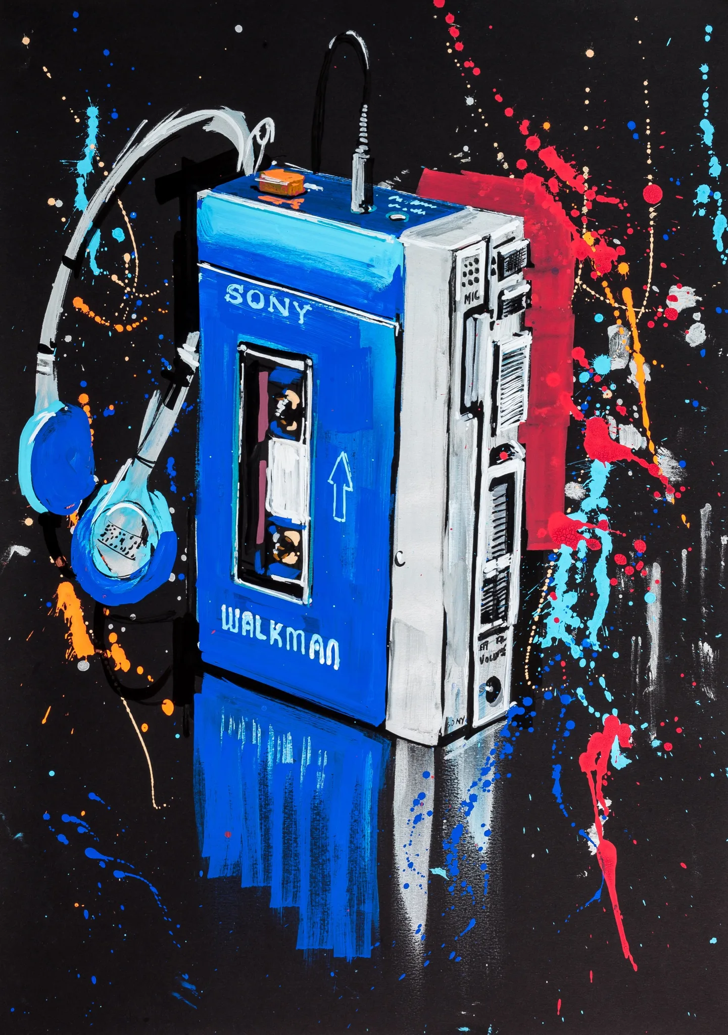 Close detail of Retro, a Paul Kenton print: a blue Sony Walkman and headphones, bold brushwork, red and blue splatters on black.