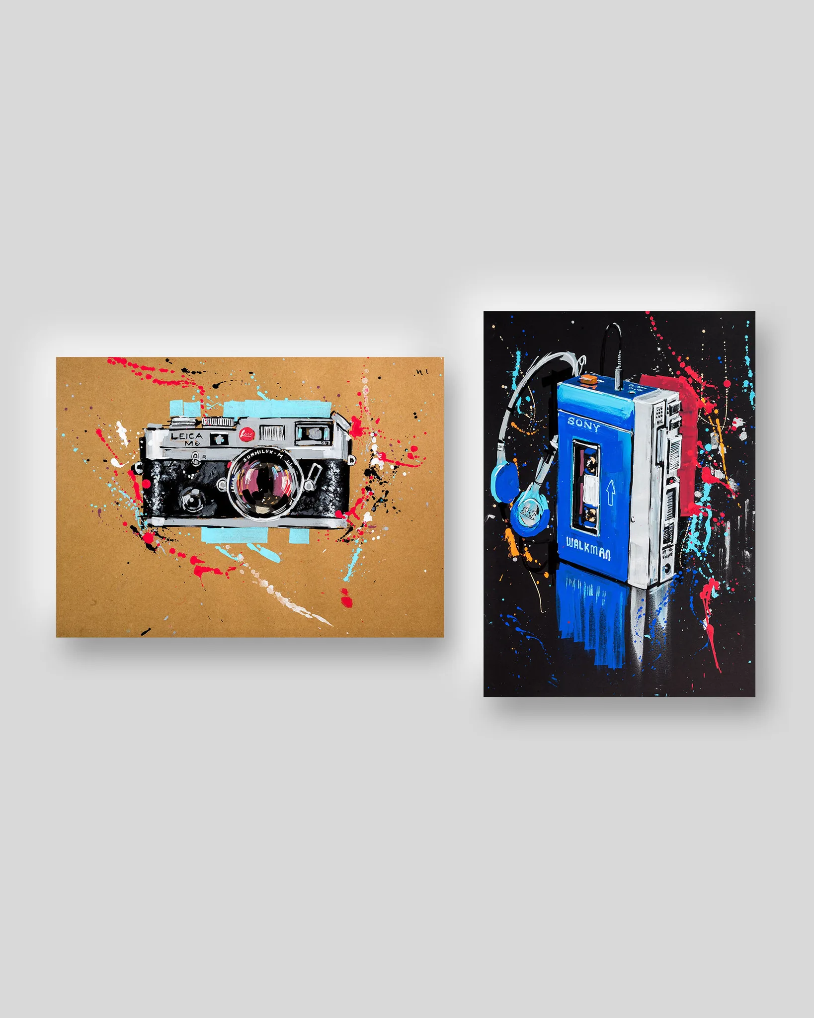 Retro, a print collection set by Paul Kenton: two giclée prints side by side, a silver Leica rangefinder camera on kraft brown with blue and red paint splatters, and a blue Sony Walkman with headphones on black with bright splatters.