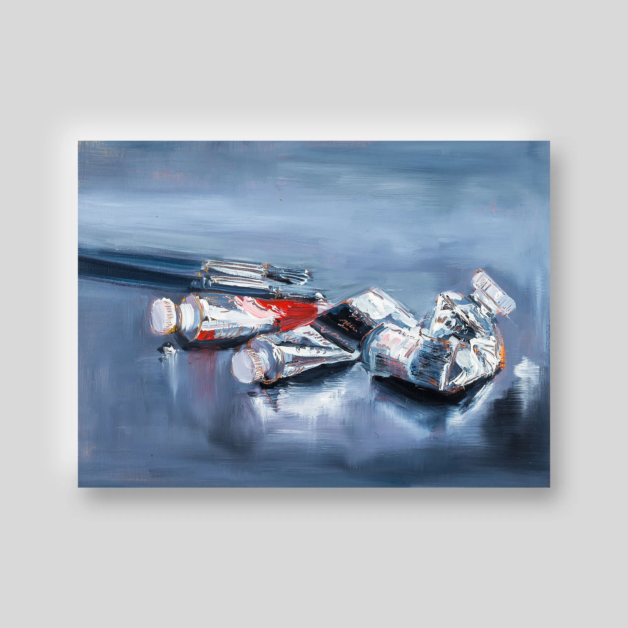 Close-up of loose, textured brushwork showing crumpled and red-capped paint tubes on a blue-grey ground, from Still Lifes print collection set.