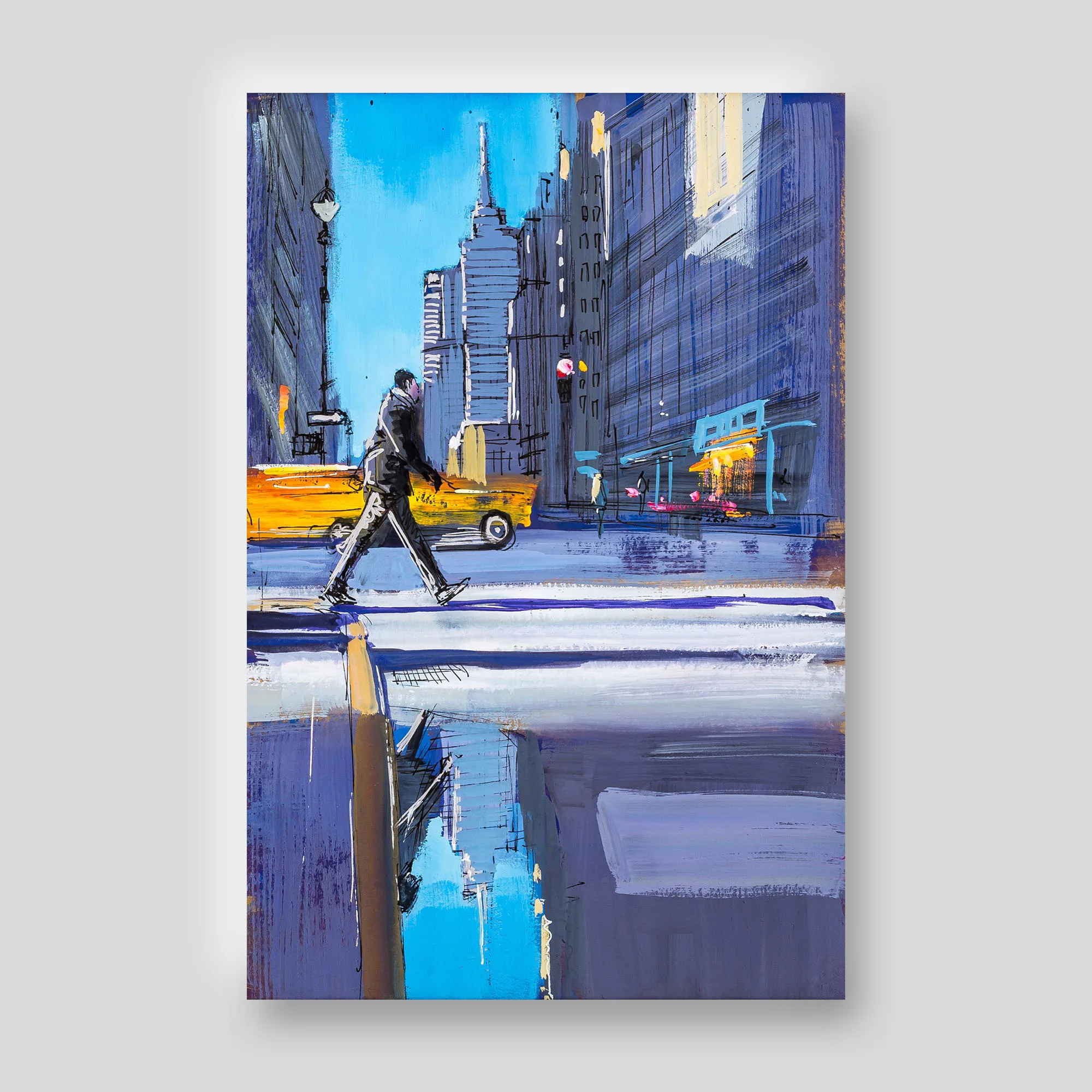 Close-up of Streets of New York I: a figure in a dark coat crosses a blue street beside a yellow taxi, in loose textured brushwork.