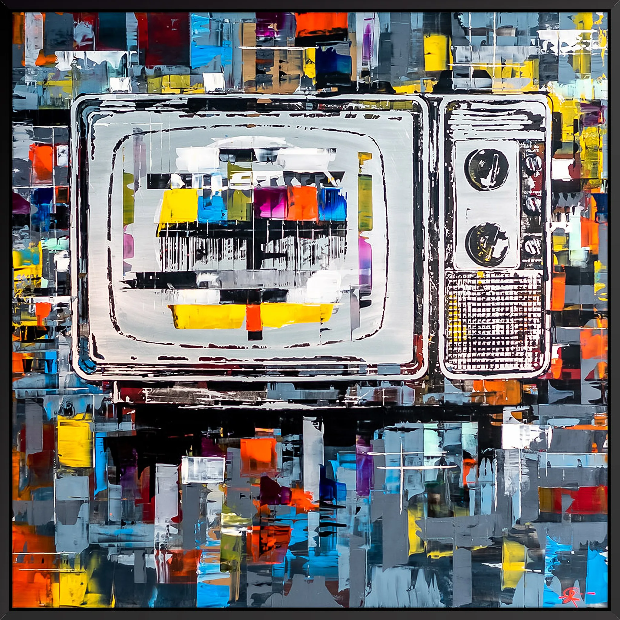 Test Card TV, an original painting by Paul Kenton in a black float frame: a grey retro television with a colour test card screen, set against a busy mosaic of bold orange, yellow, blue and grey blocks.