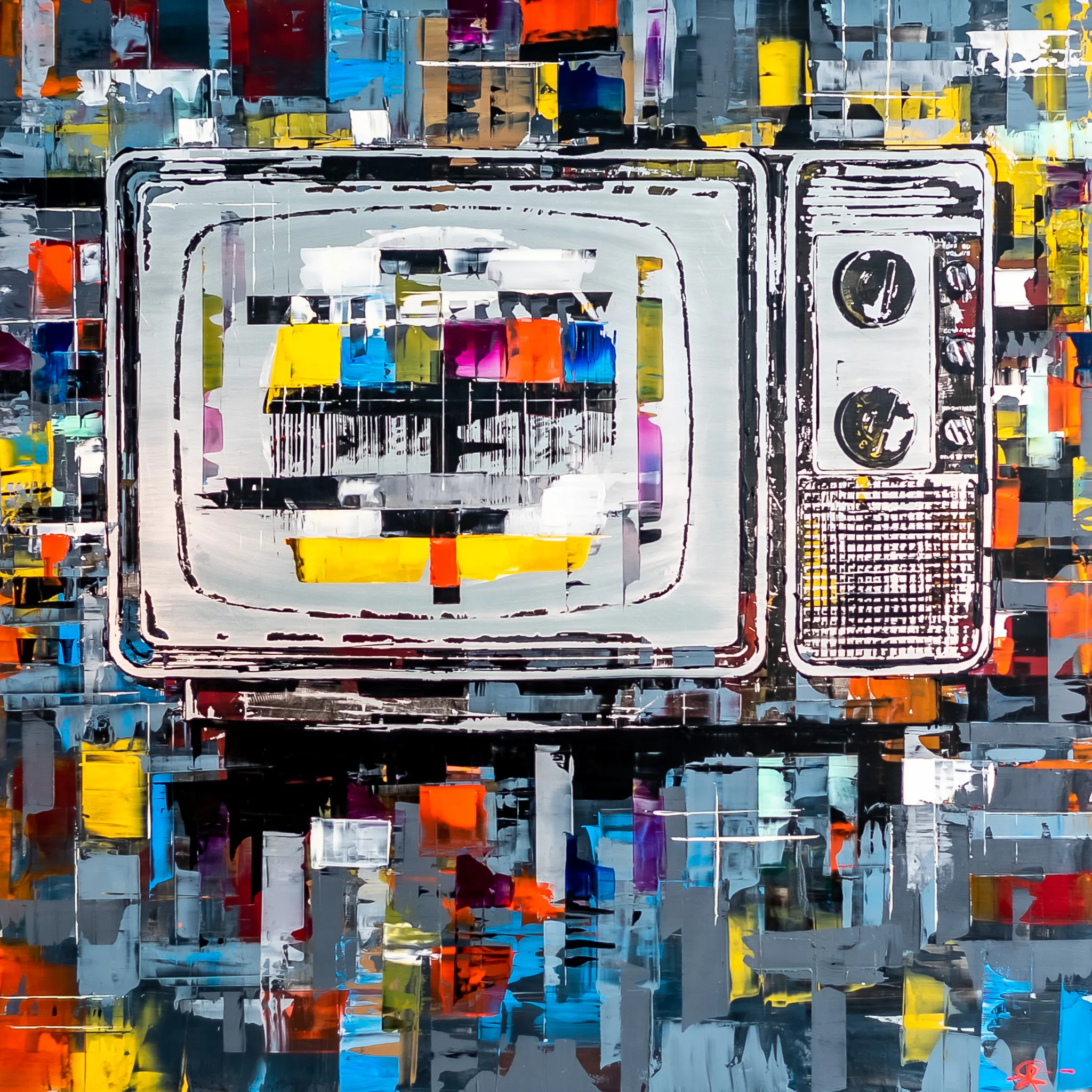 Test Card TV, an original painting by Paul Kenton: a retro television set in white and black, its screen filled with a colour bar pattern, surrounded by a bold, textured field of bright blocks.