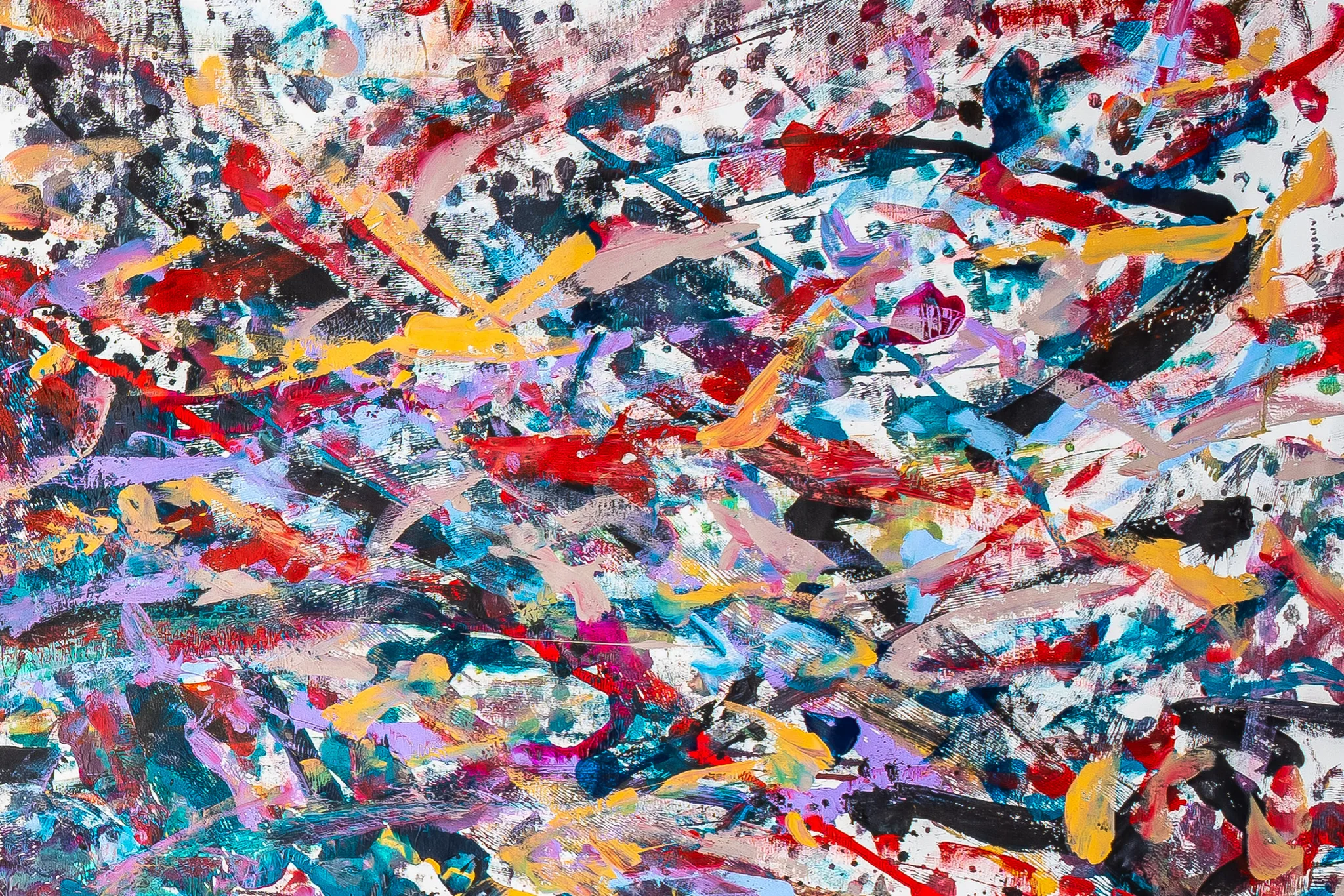 Close-up of Tempo, an original mixed media painting by Paul Kenton, showing energetic layers of red, yellow, teal, violet and black slashes and splatters over white.