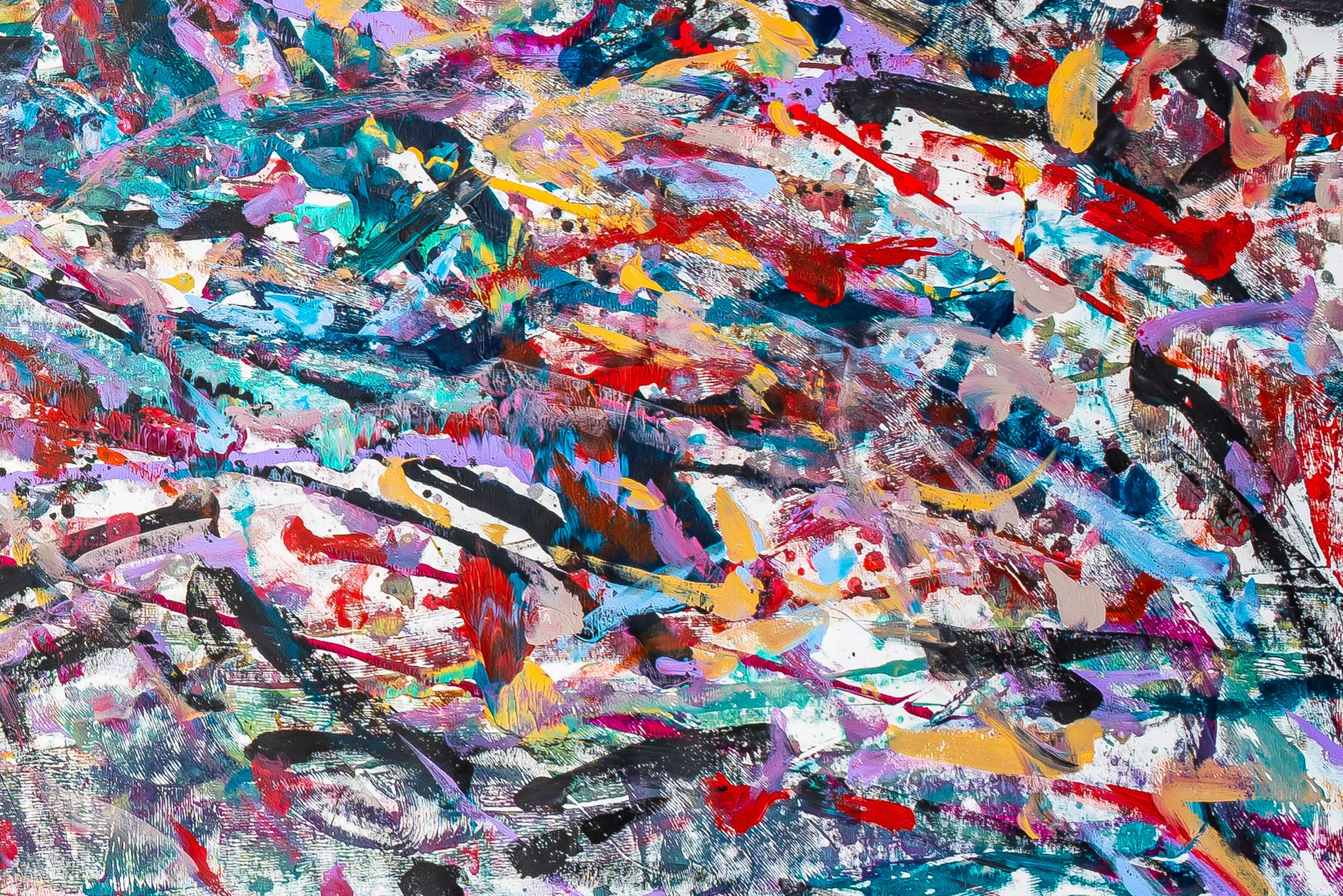 Close-up of Tempo, an original mixed media painting by Paul Kenton, showing dense, energetic strokes of red, teal, violet, yellow and black over white, with textured splashes and dragged marks.