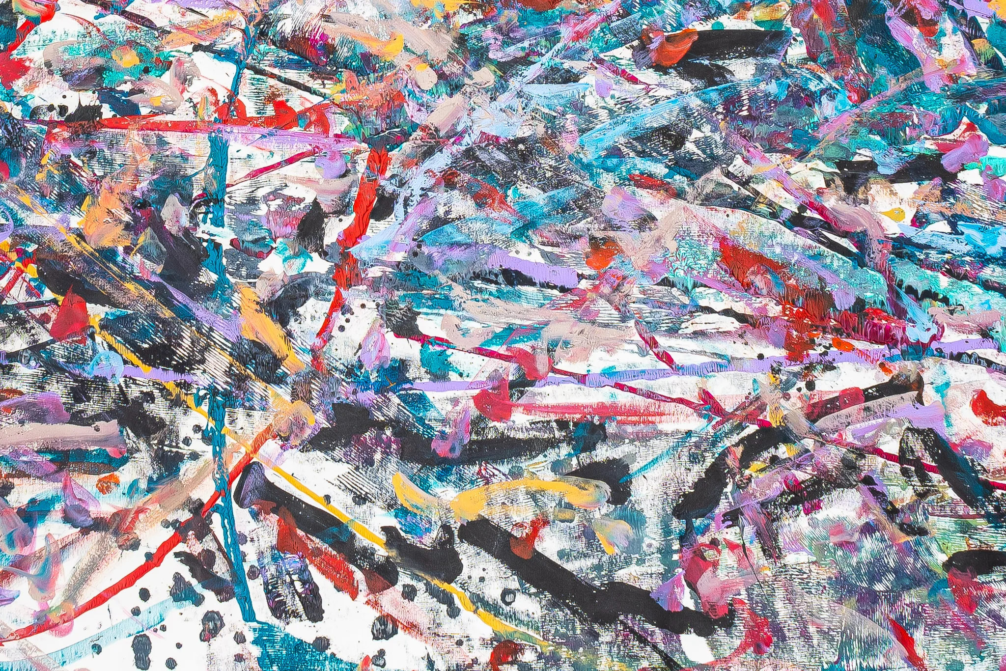 Close-up of Tempo, an original mixed media painting by Paul Kenton: energetic, criss-crossing strokes of red, teal, black, lilac and yellow over white, with textured brushwork.