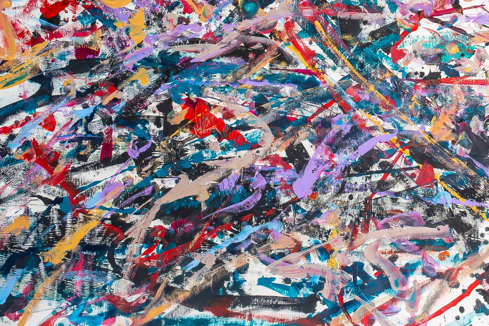 Close-up of Tempo, an original mixed media painting by Paul Kenton, showing energetic slashes of red, violet, teal and gold over black and white textured marks.