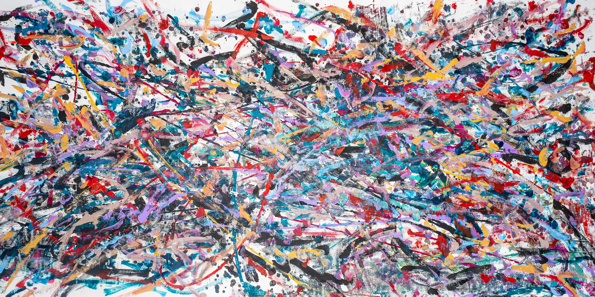 Tempo, an original painting by Paul Kenton: a dense, energetic abstract of loose red, blue, yellow, black and violet strokes and splatters across a white ground.