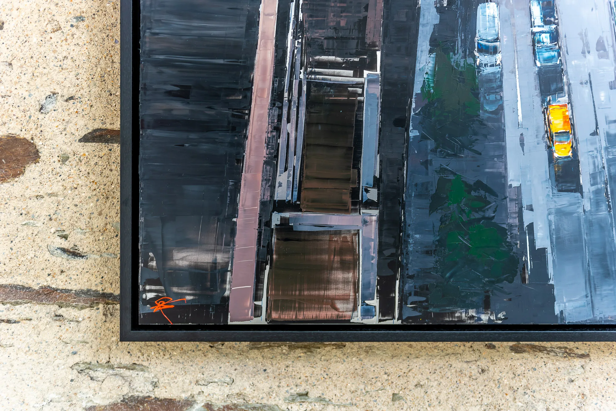 Close-up of Towering Perspective, an original painting by Paul Kenton: a bird's-eye view of a New York street, with dark, scraped grey buildings, rust-brown rooftops and a yellow taxi among pale grey cars.