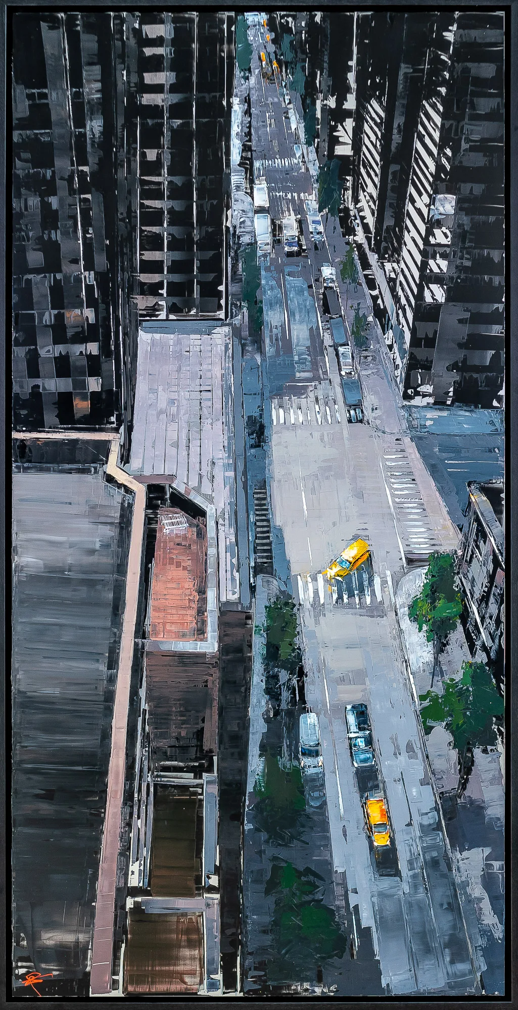 Towering Perspective, an original painting by Paul Kenton in a black frame: a bird's-eye view down a New York street between dark towers, with yellow taxis and grey traffic.