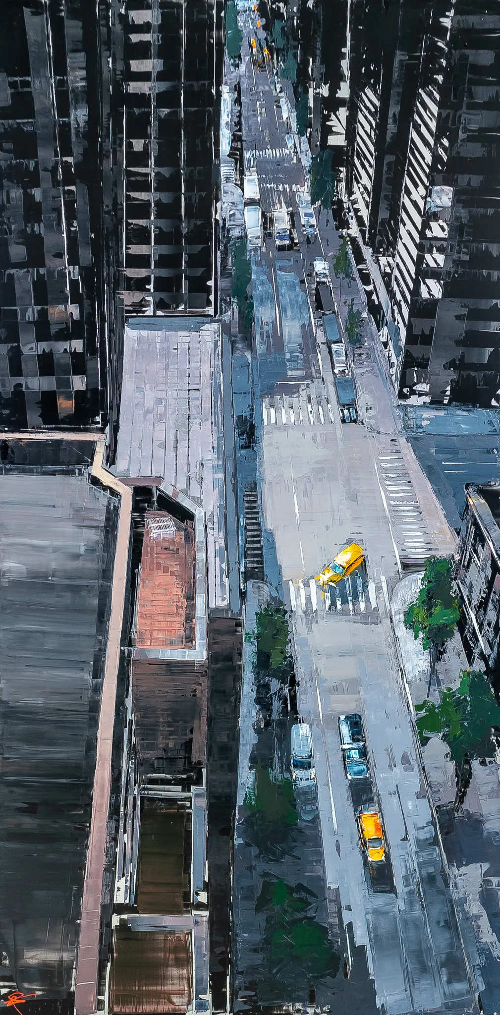 Towering Perspective, an original painting by Paul Kenton: a bird's-eye view down a New York street between dark, tall buildings, with a yellow taxi and pale grey roadway among muted greens and greys.