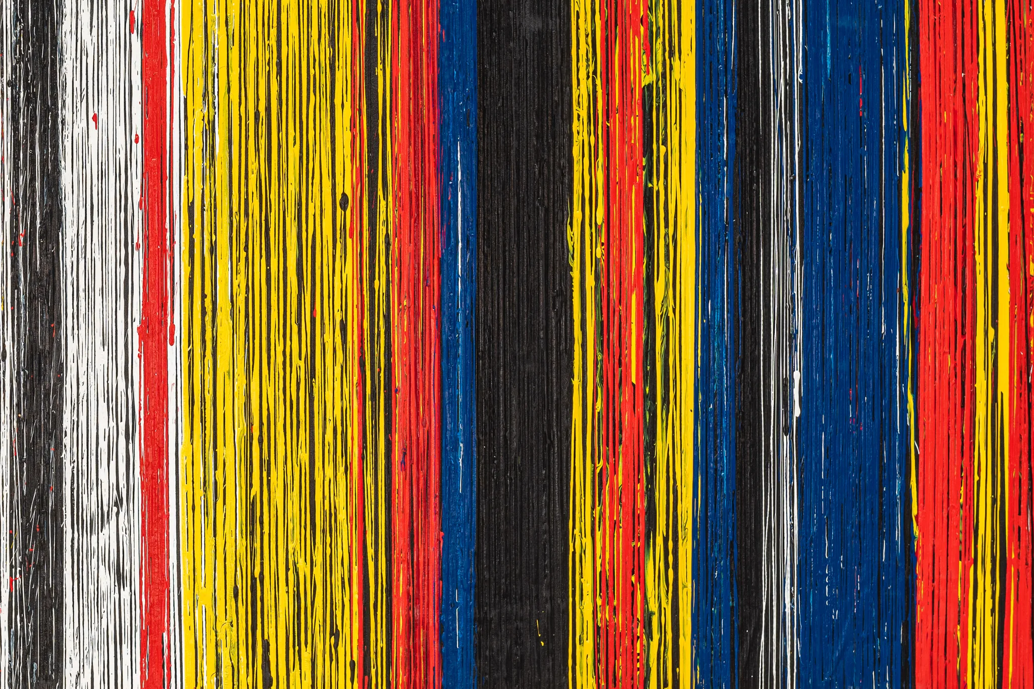 Close-up of Uniform Oscillation, an original acrylic painting by Paul Kenton, showing vertical bands of yellow, red, blue, black and white with textured, drip-like brushwork.