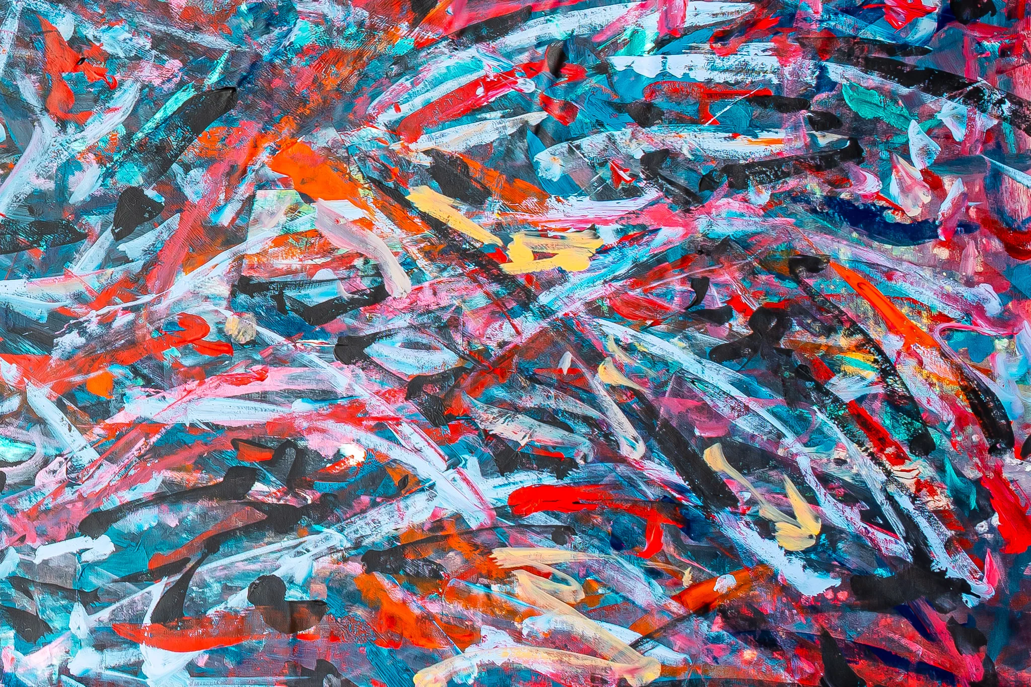 Close-up of Velocity, an original mixed media painting by Paul Kenton: energetic sweeping strokes of red, orange, white, teal and black layered with thick, textured paint.