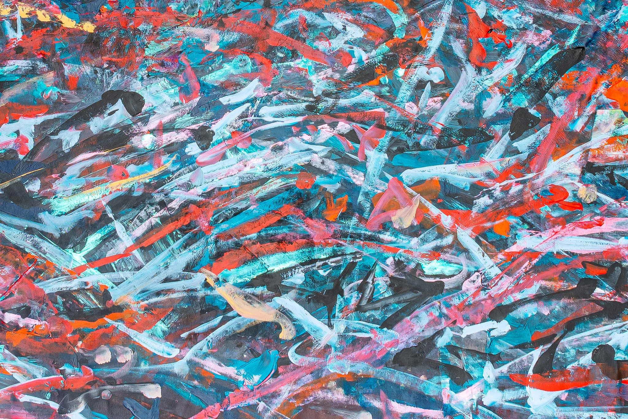 Close-up of Velocity, an original mixed media painting by Paul Kenton: energetic slashes of red, white, teal and black brushwork layered across the canvas.