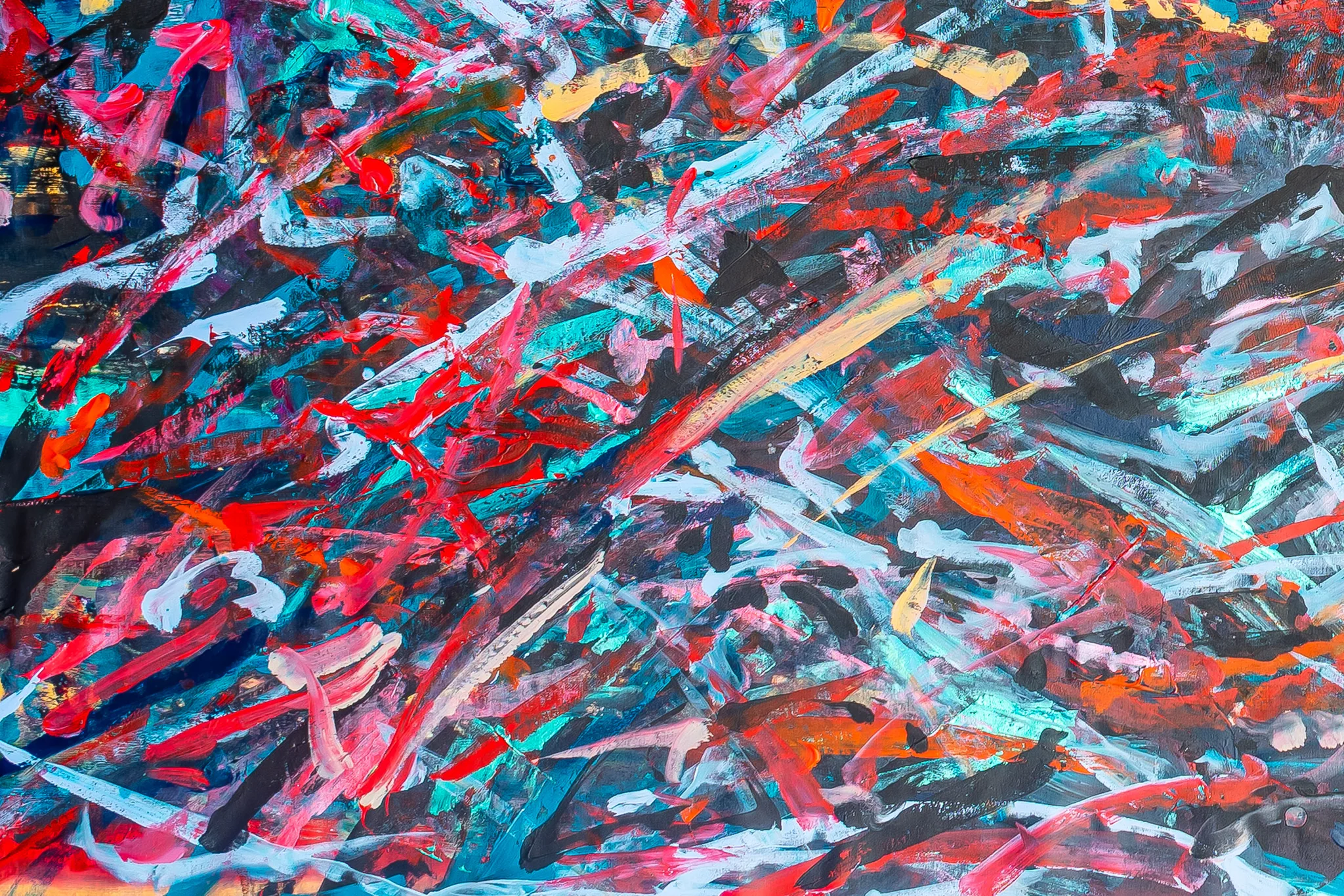Close-up of Velocity, an original mixed media painting by Paul Kenton, showing energetic slashes of red, turquoise, white and orange brushwork over dark navy, conveying rapid movement and texture.
