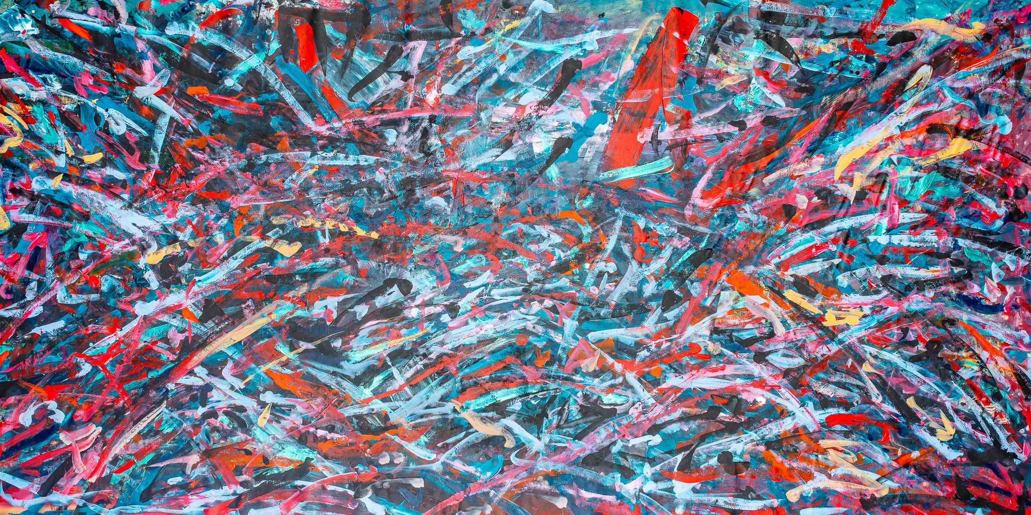 Velocity, an original mixed media painting on canvas by Paul Kenton: a dense, abstract tangle of red, teal, white and pink brushstrokes, with flashes of yellow and black, suggesting rapid motion.