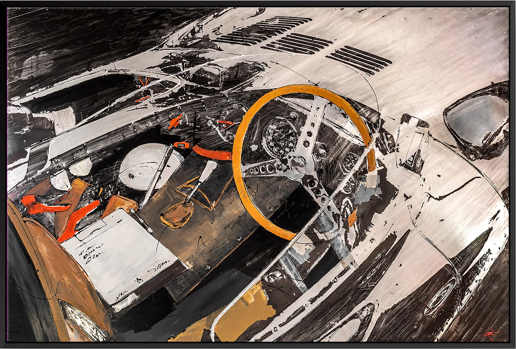 Start with the Checklist, a framed original mixed media painting by Paul Kenton: a bold, textured view down into a race car cockpit, with a large orange steering wheel, a white and grey bodywork and loose black marks in a dark frame.