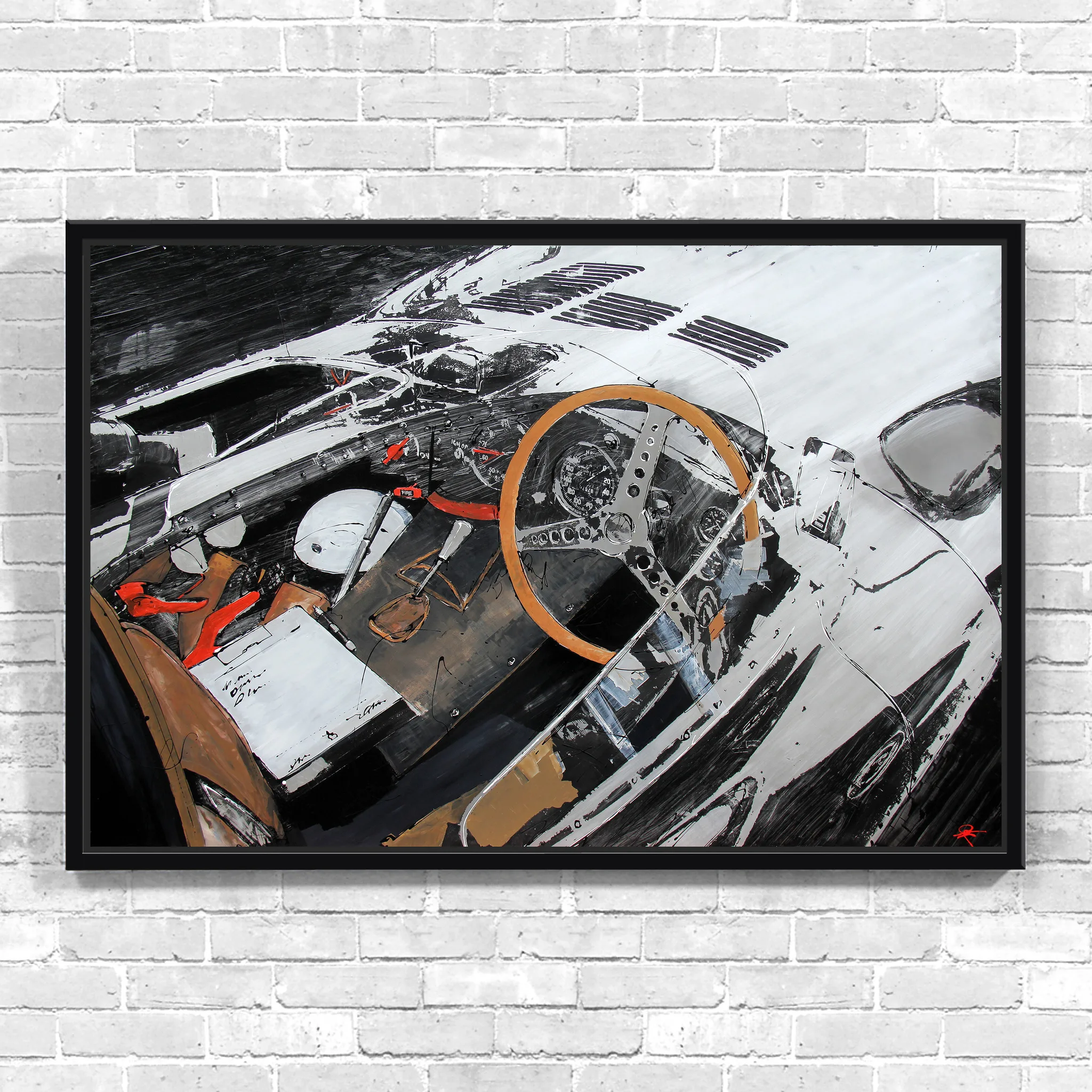 Start with the Checklist, an original painting by Paul Kenton: a high view into a classic race car cockpit, with an orange-rimmed steering wheel and a white helmet, in bold black, white and rust strokes, hung on a white brick wall.
