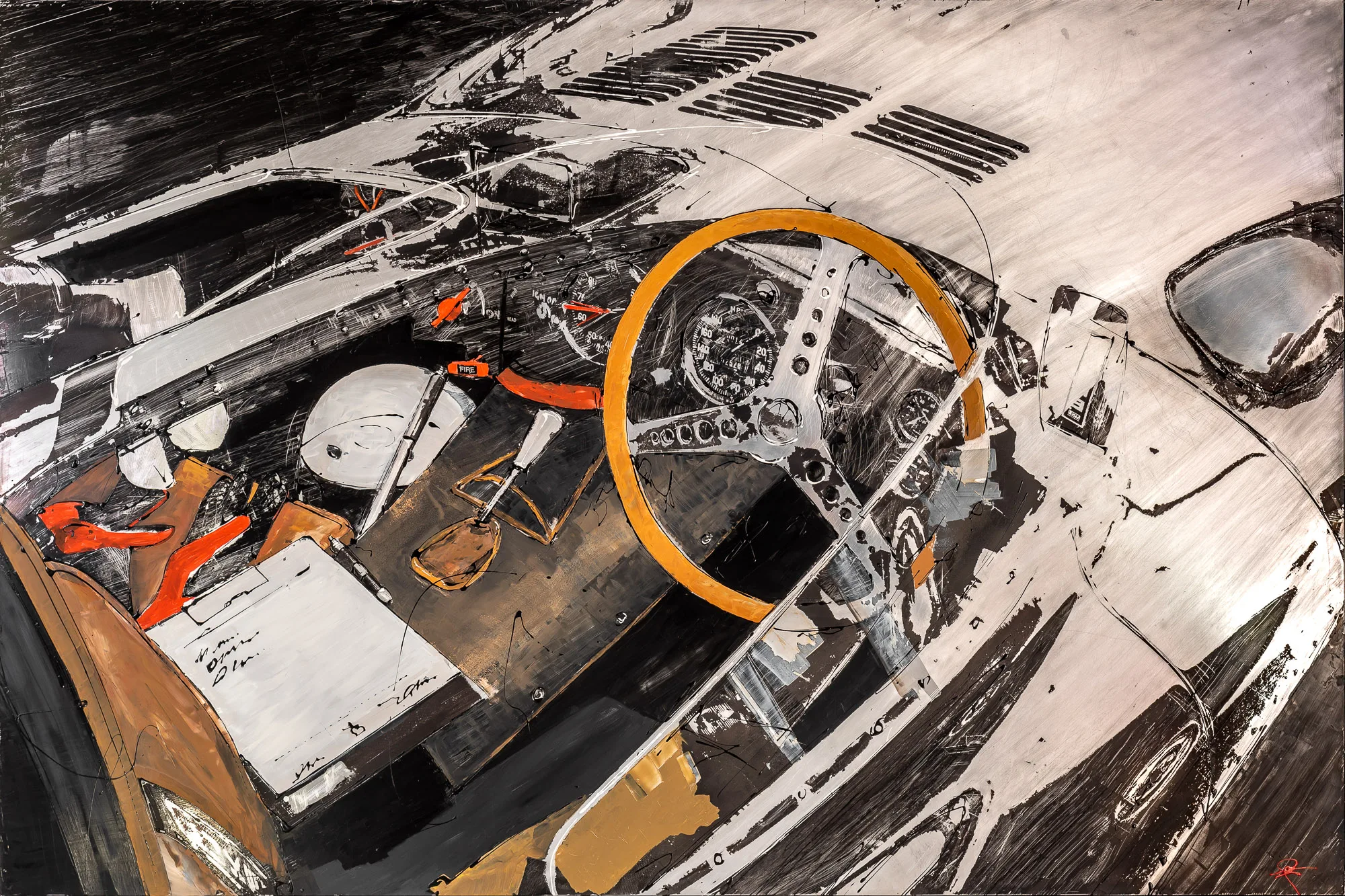 Start with the Checklist, an original painting by Paul Kenton: a looming view down into a vintage racing car's cockpit, with a large orange-rimmed steering wheel, in bold grey, white, black and ochre marks.